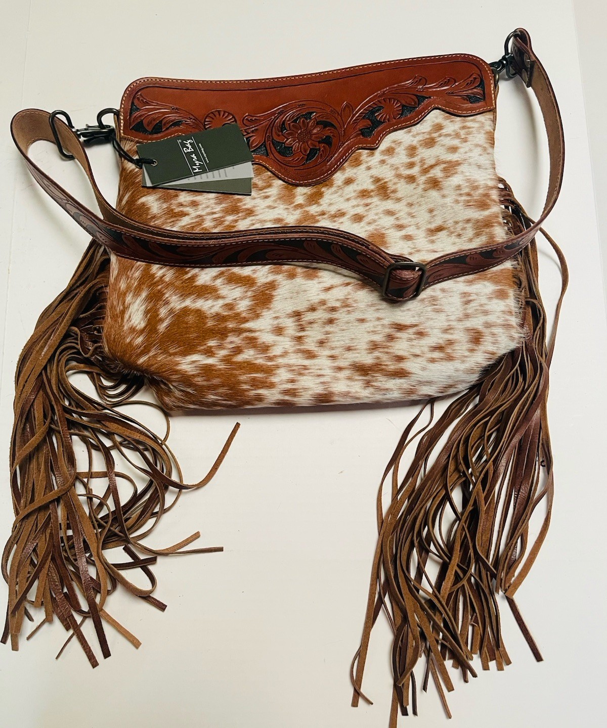 MYRA BAG Cowboy Hand-Tooled Leather Hair-on Fringe Bag Shoulder Purse S-2614