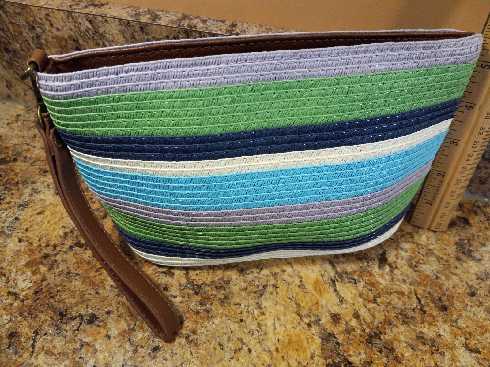 NWOT Sun ‘N’ Sand Woven Wristlet Purse Nvy-Grn-Lilac-Crm-Turq. 9.5″ x 6″ x 2.75″