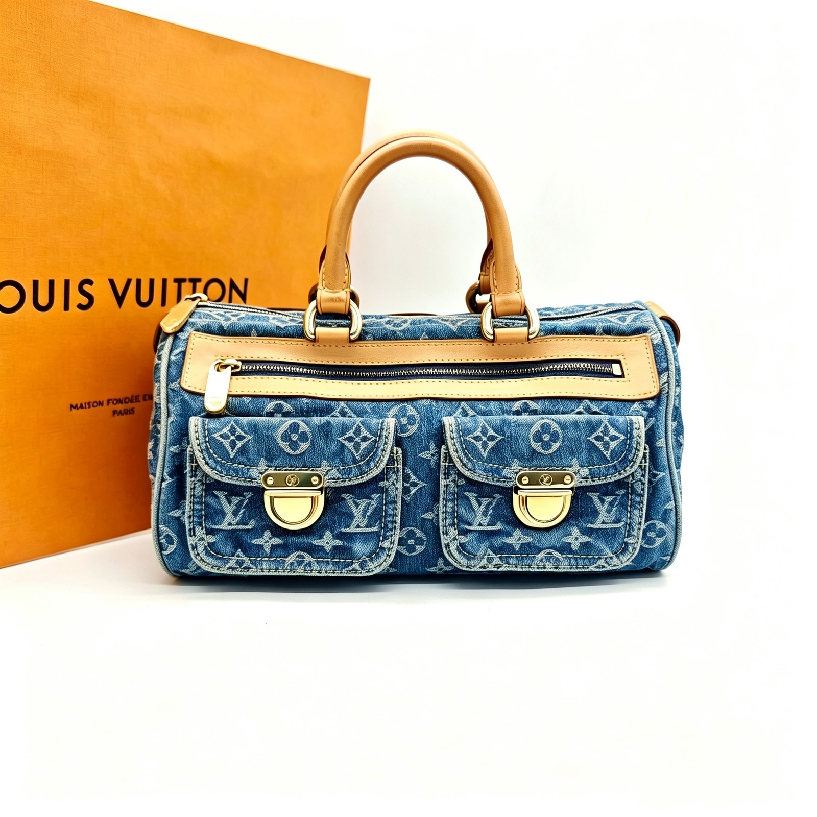 Louis Vuitton Monogram Denim Normal Blue Denim Calf Leather Top Handle Bag Duty