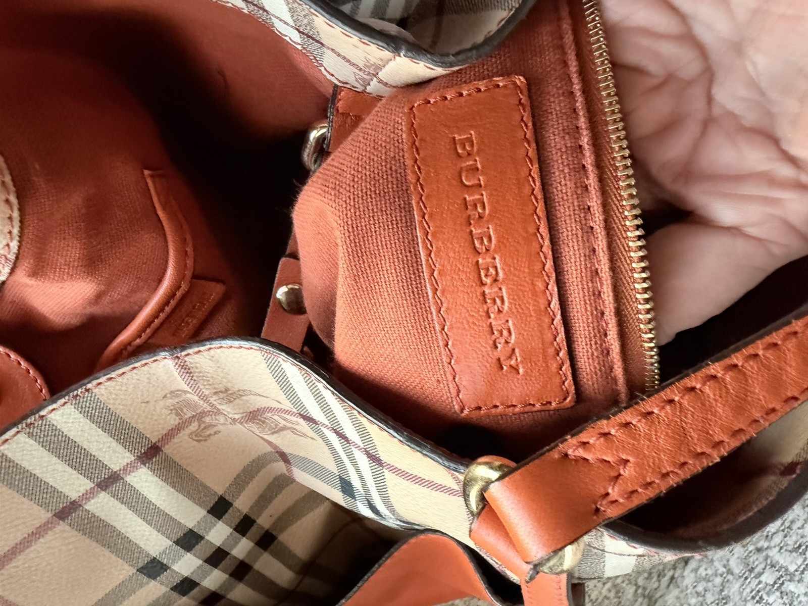 Burberry Checkered Beige DC box Orange Tote Bag Gold Hardware Logo Plaid Accent
