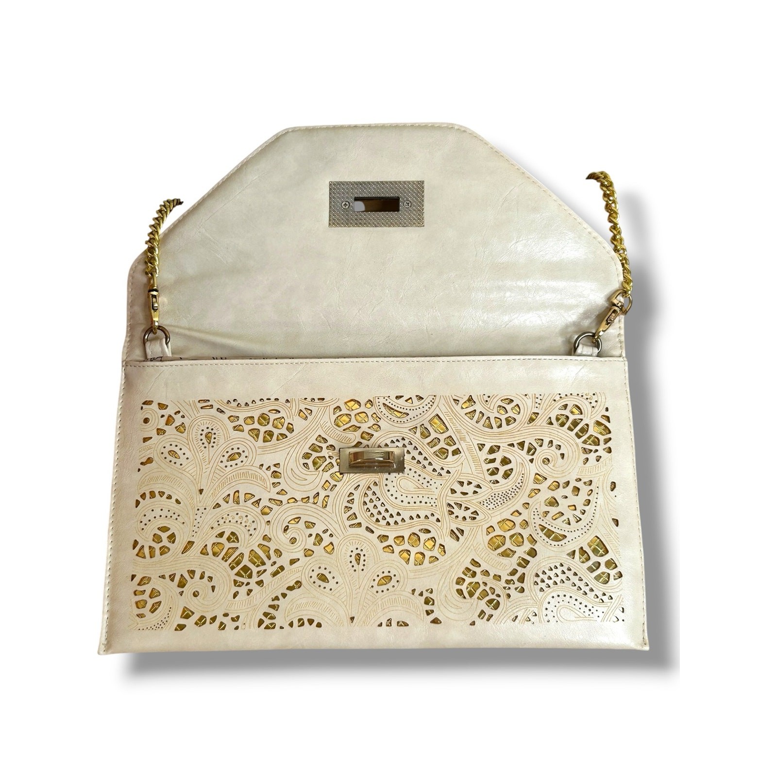 Jing Mei Envelope Cross Body Purse Cream and Gold Metal Gold Tone Chain Strap