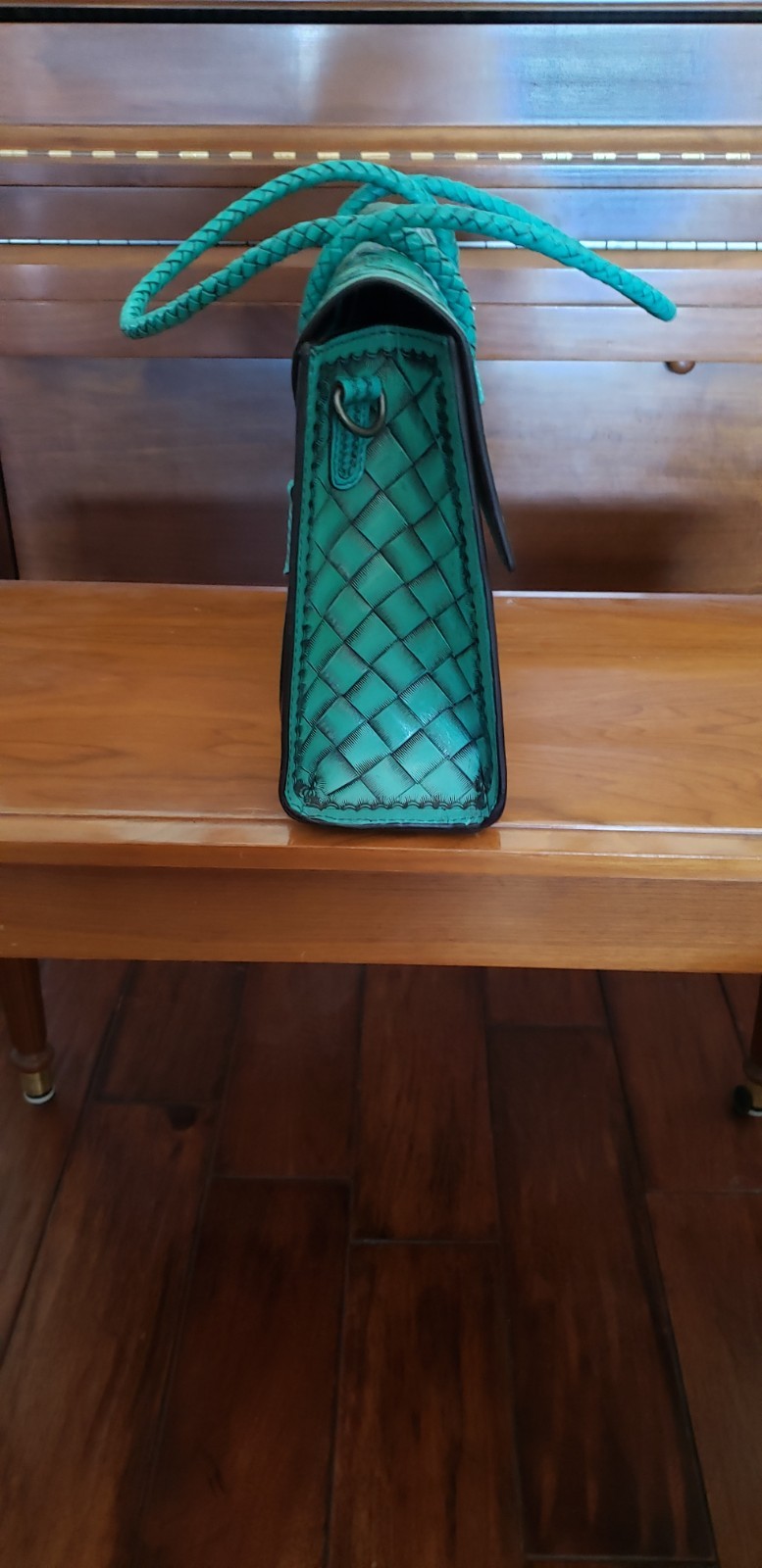 American Darling hand-tooled Turquoise Floral Leather Tote with Braided Handles
