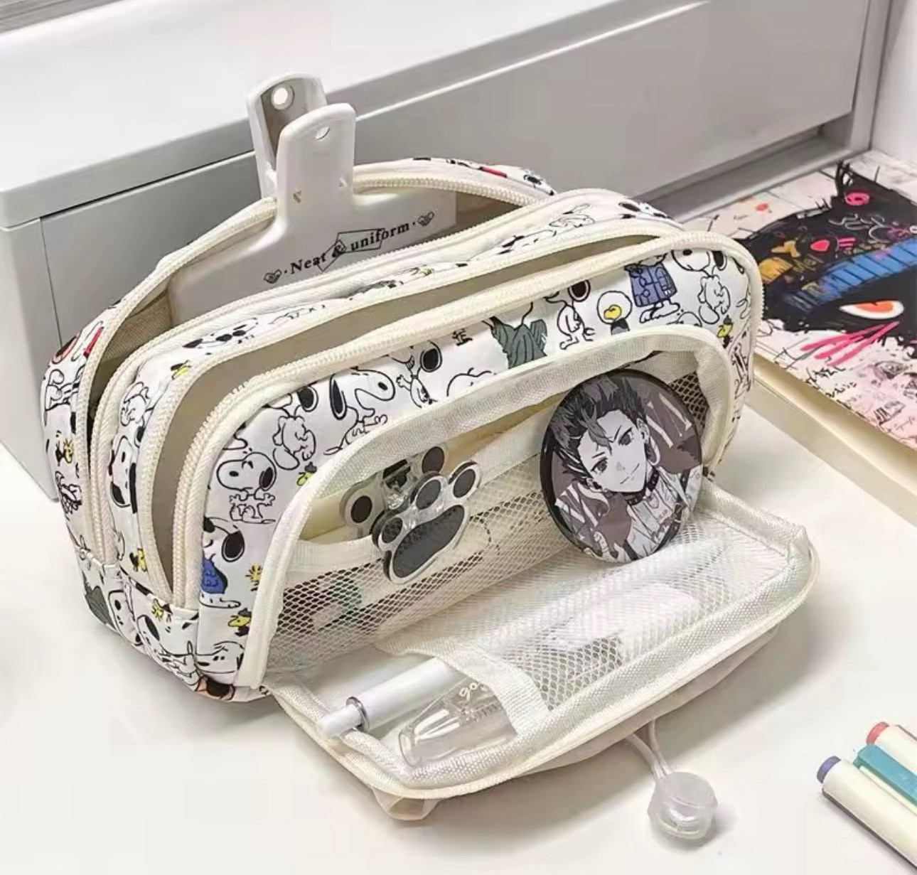 New! Snoopy Drawstring Large Capacity Multi-Layer PENCIL Case Students Makeup