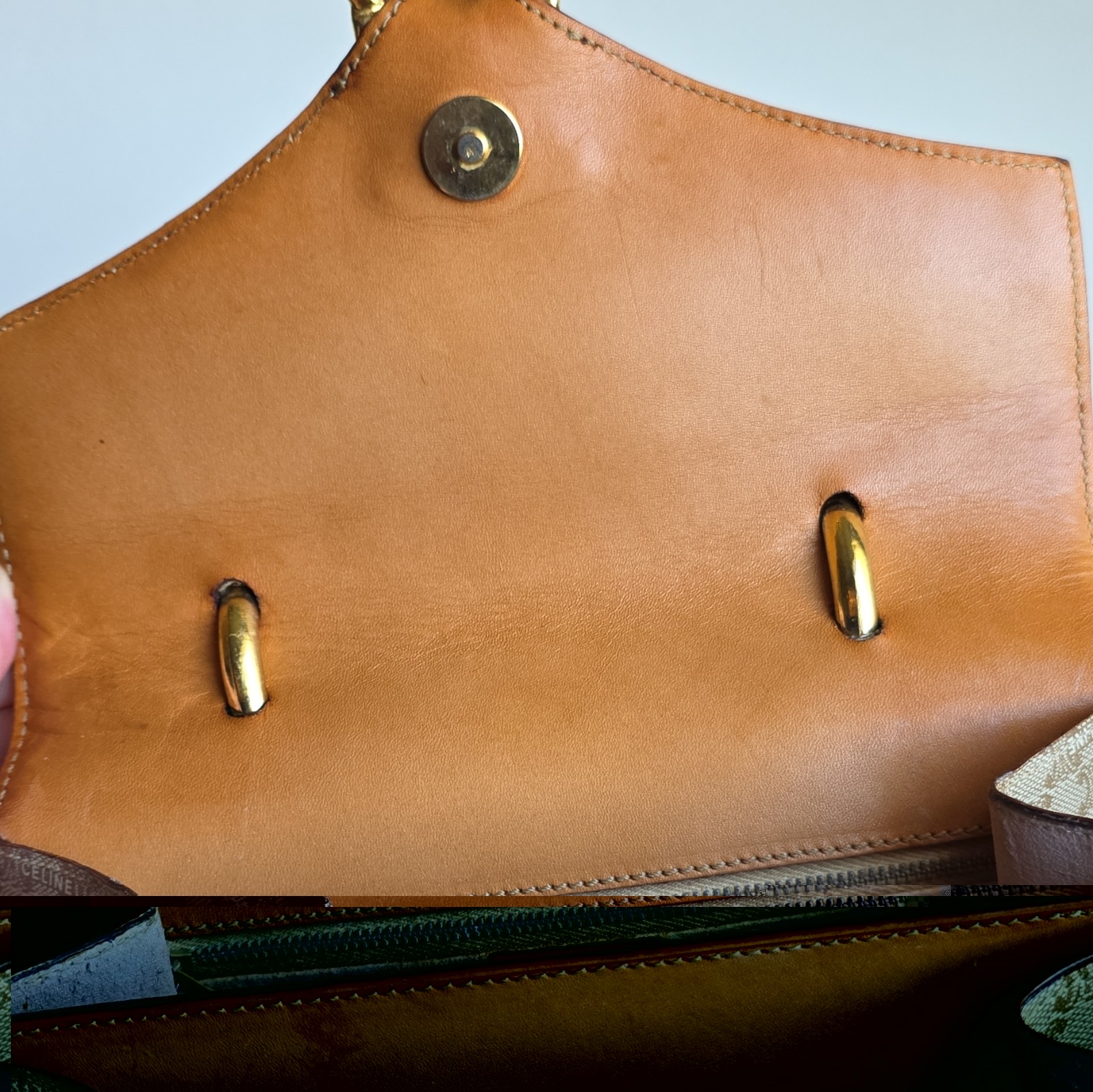 CELINE vintage Macadam Triomphe Beige Brown Top Handle Satchel Gold Hardware