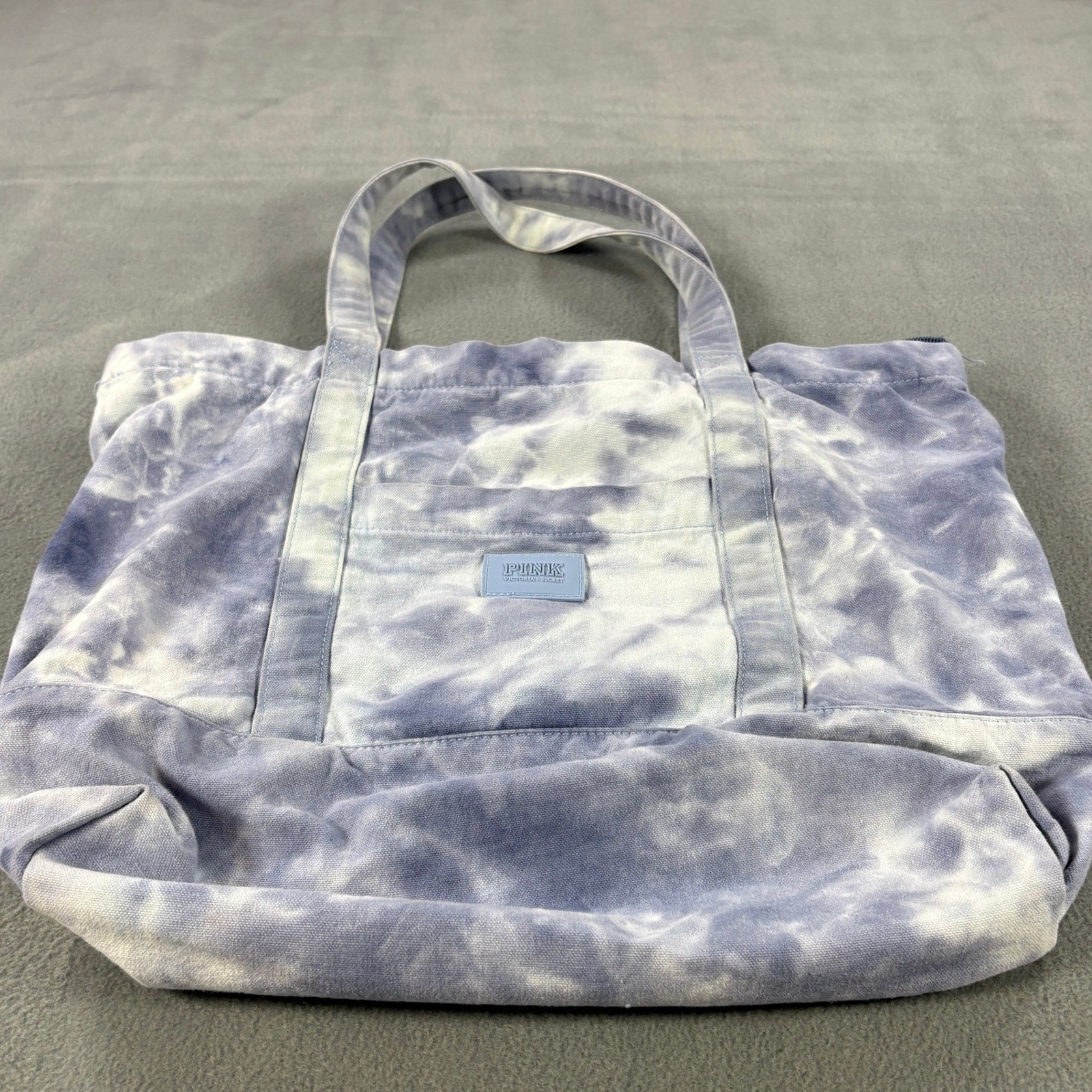 Victoria’s Secret PINK Blue Tie Dye Canvas Tote Bag Zipper Travel Beach Bag