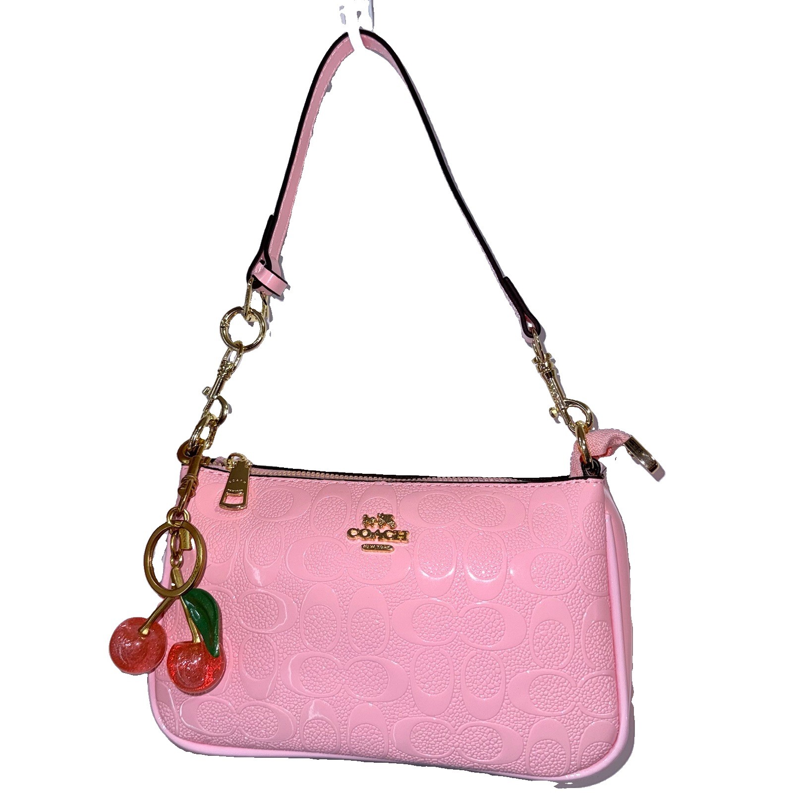 Coach Signature Logo Small Pink Shoulder Bag Chain Strap Cherry Charm Zip