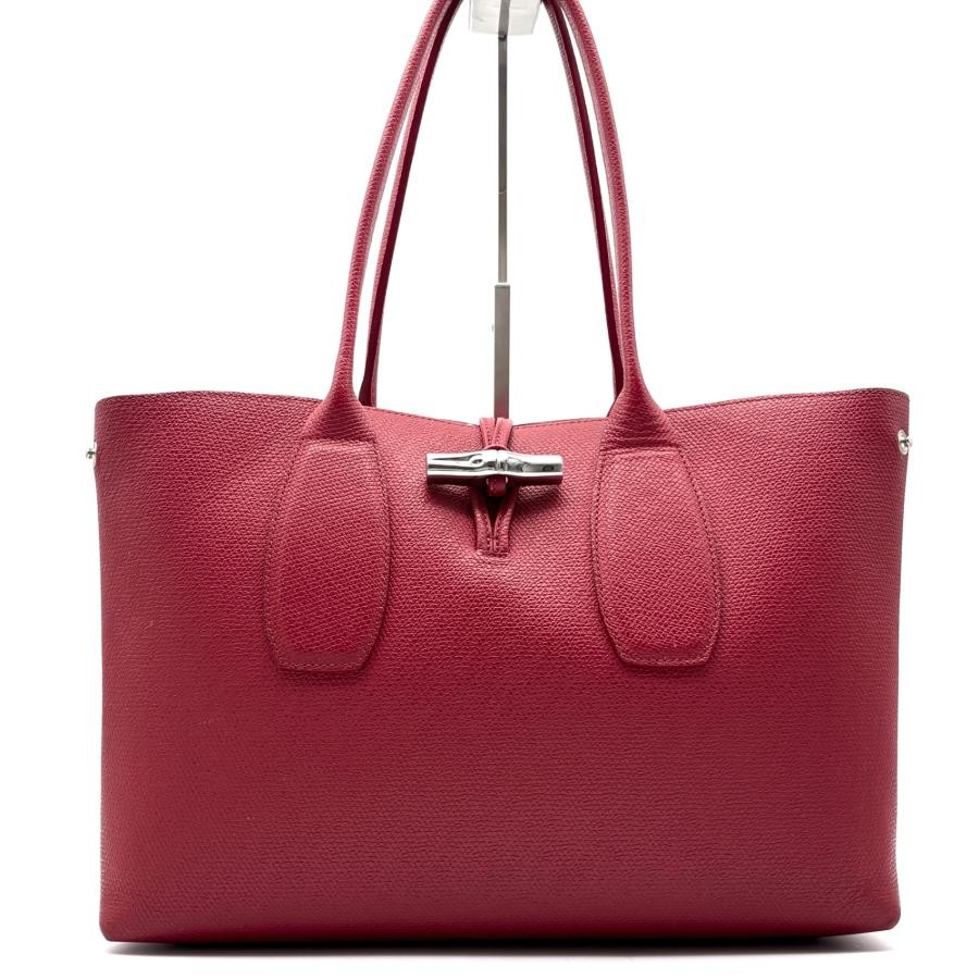 Longchamp Roseau Red Leather Tote Bag A4 Self Standing Silver Toggle Auth