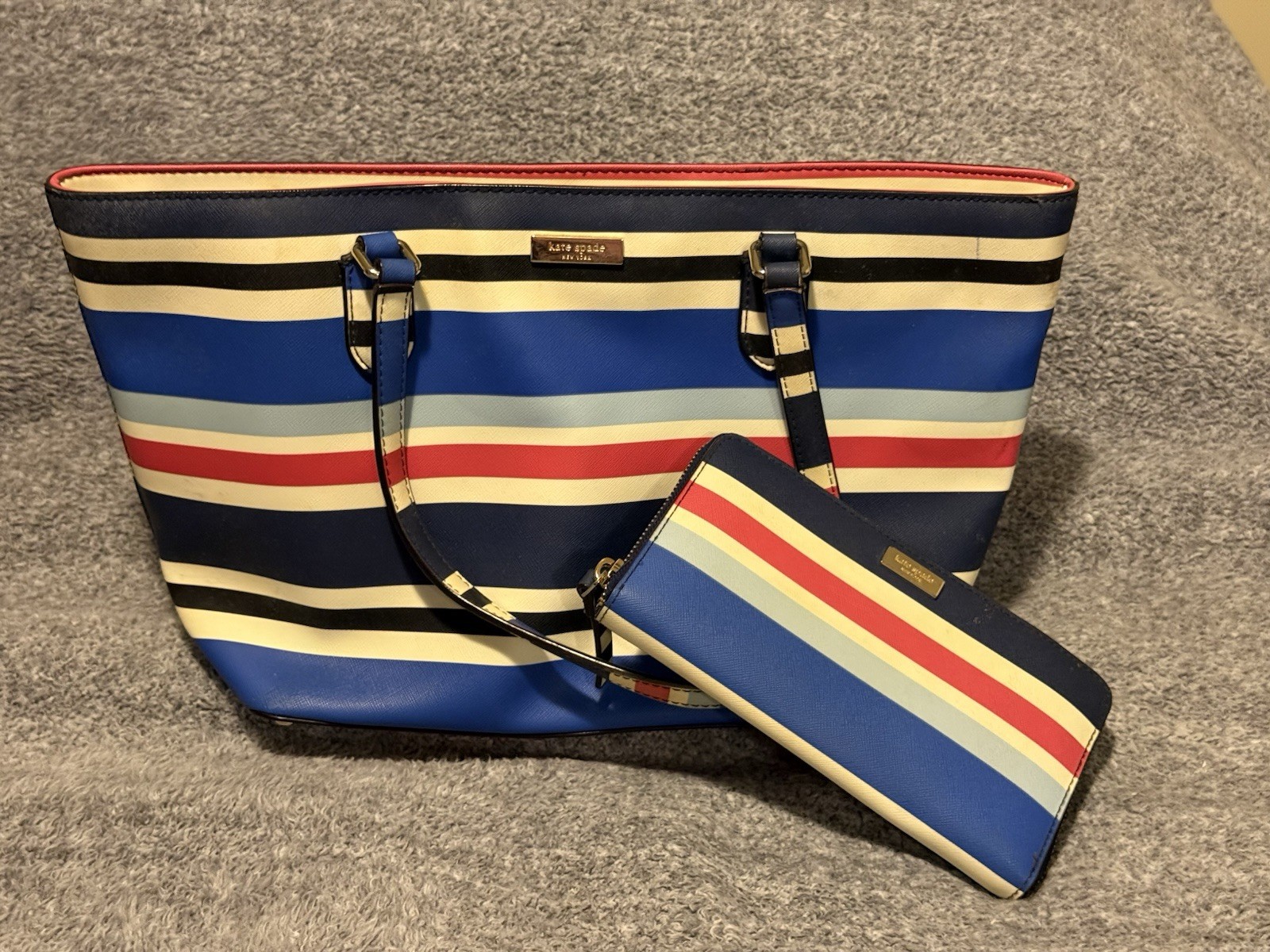 KATE SPADE Laurel Way Bag Striped Tote White Blue Zipper W/Wallet America