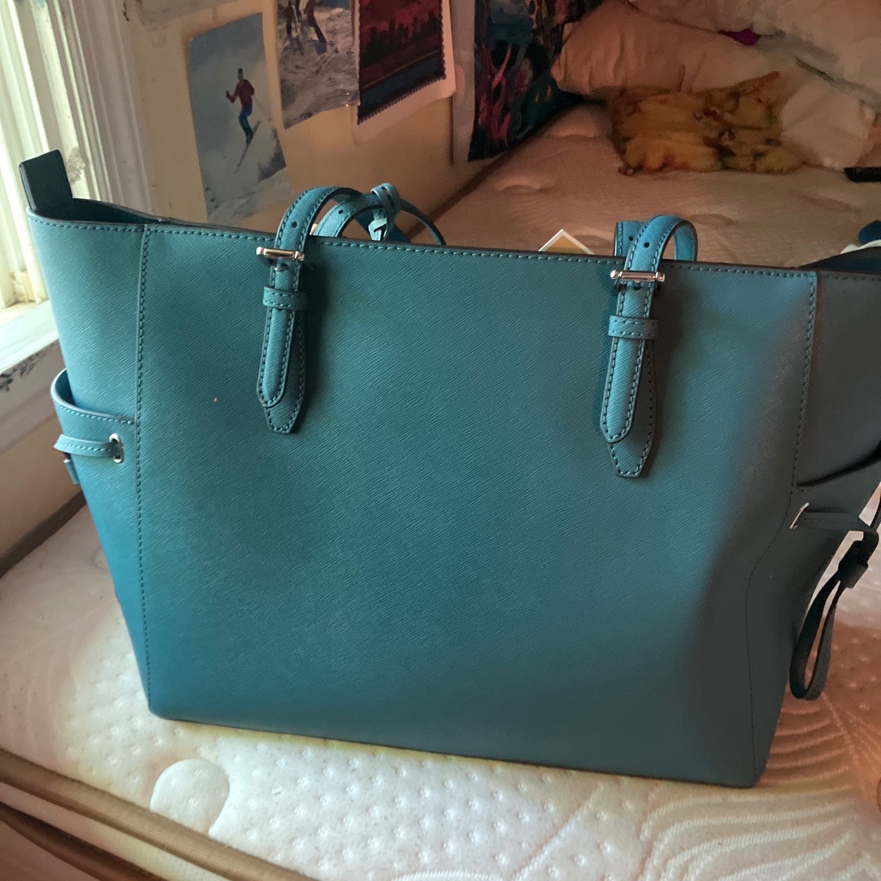 MICHAEL KORS Gilly Large Drawstring Shoulder Travel Tote Leather Teal NWT $558