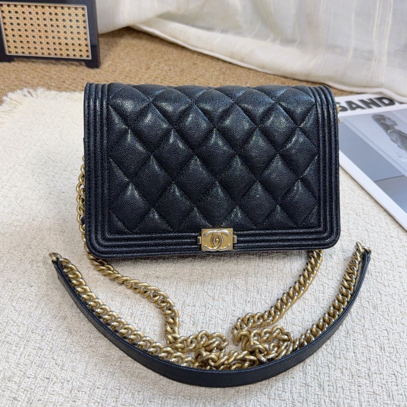 Chanel Boy Wallet on Chain Black Caviar Leather Gold Hardware Crossbody Bag