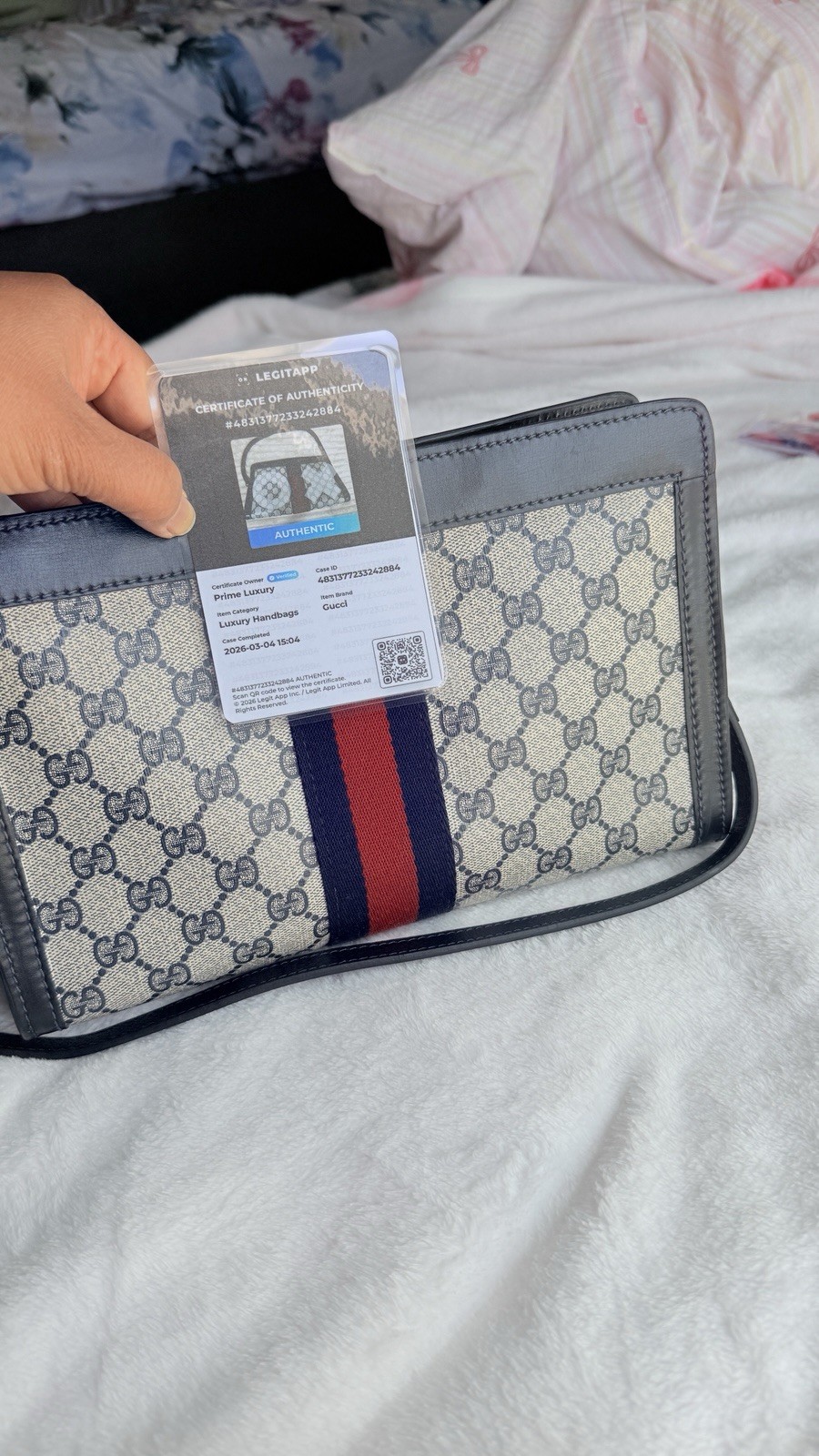 Gucci Parfums GG Monogram Shoulder Bag with Striped Accent and Blue Lining