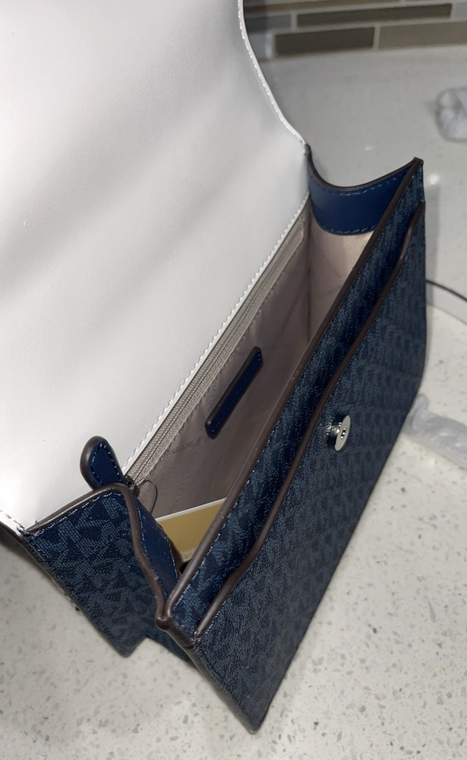 MICHAEL KORS GREENWICH SMALL FLAP CROSSBODY NAVY BLUE WHITE MK CHAIN BAG ADMIRAL