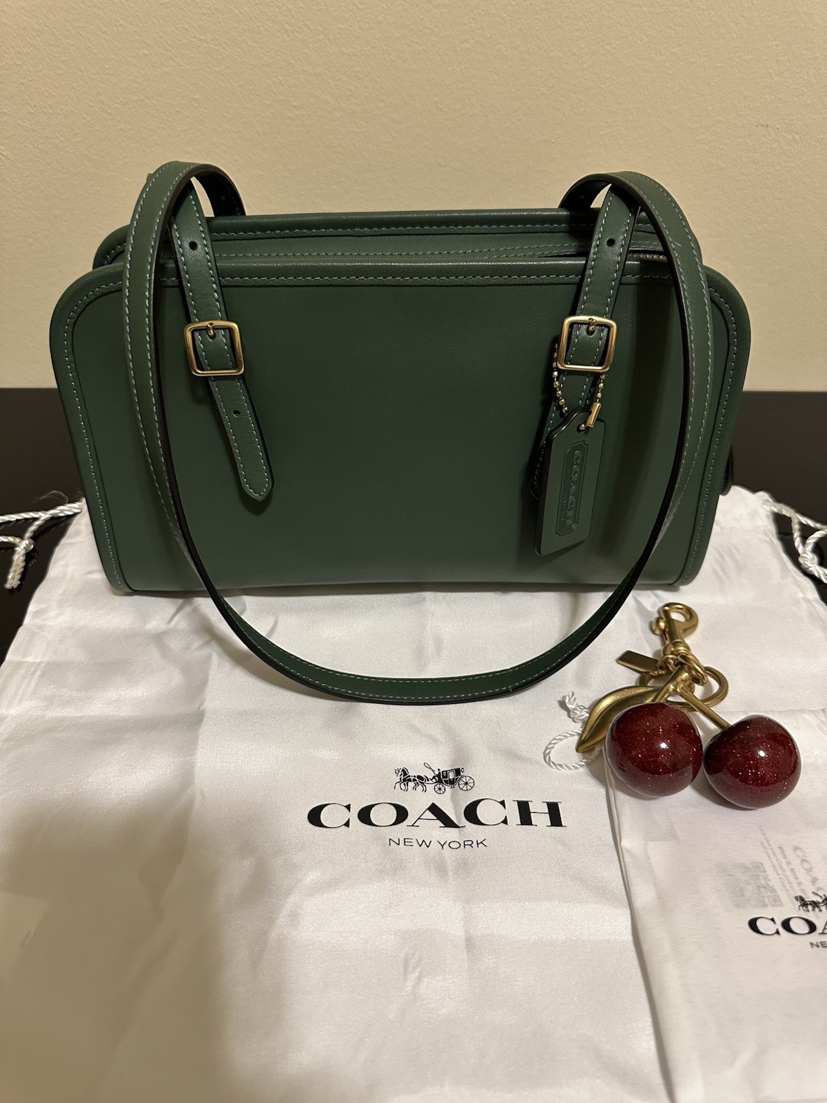 Coach Swing Zip Shoulder Bag Hunter Green With Coach Cherry Bag Charm
