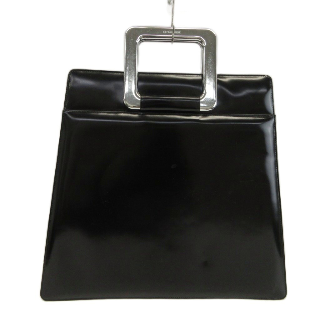 Sergio Rossi Handbag Black Enamel Square Silver Handle Embossed Used