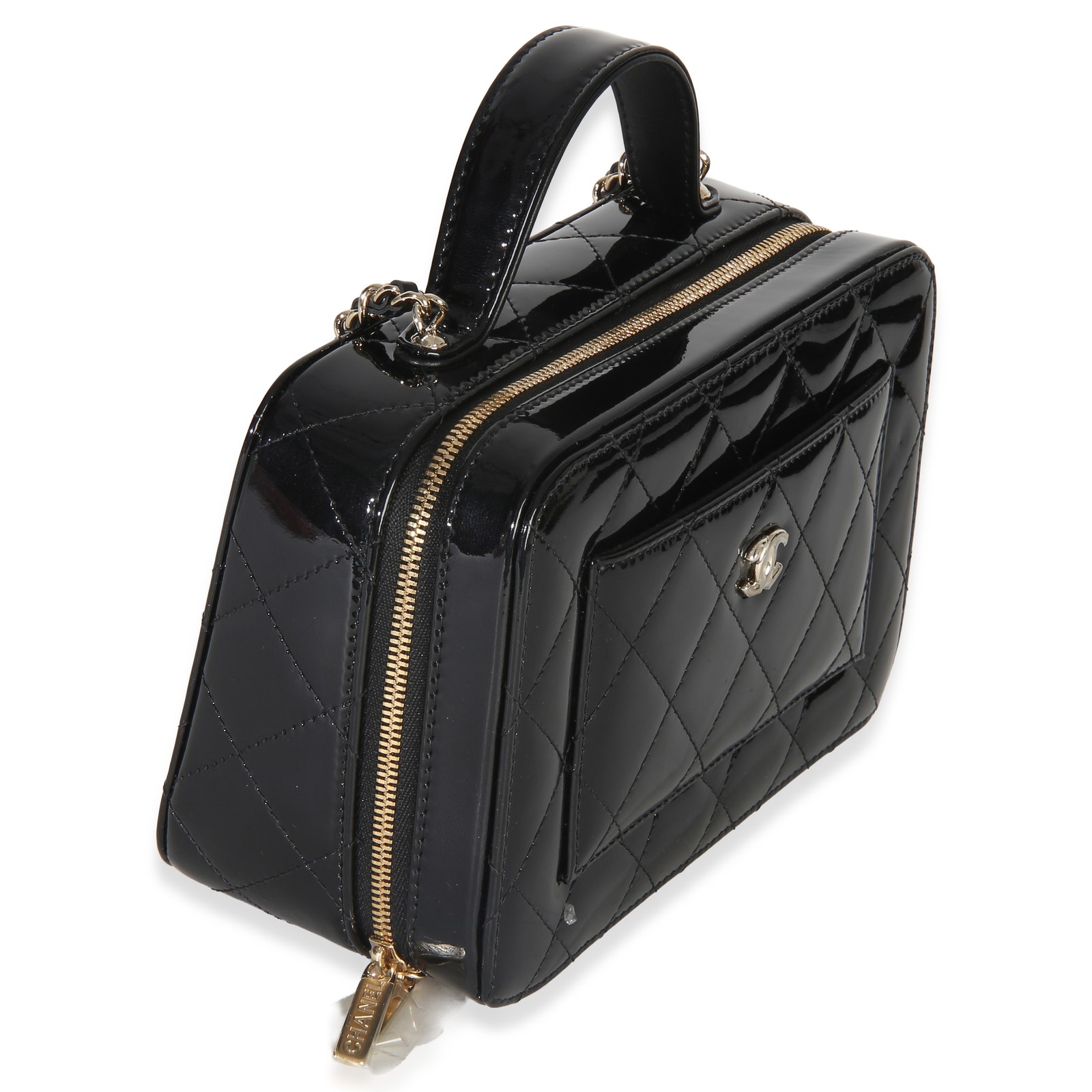 Chanel Black Quilted Patent Top Handle Vanity With Chain