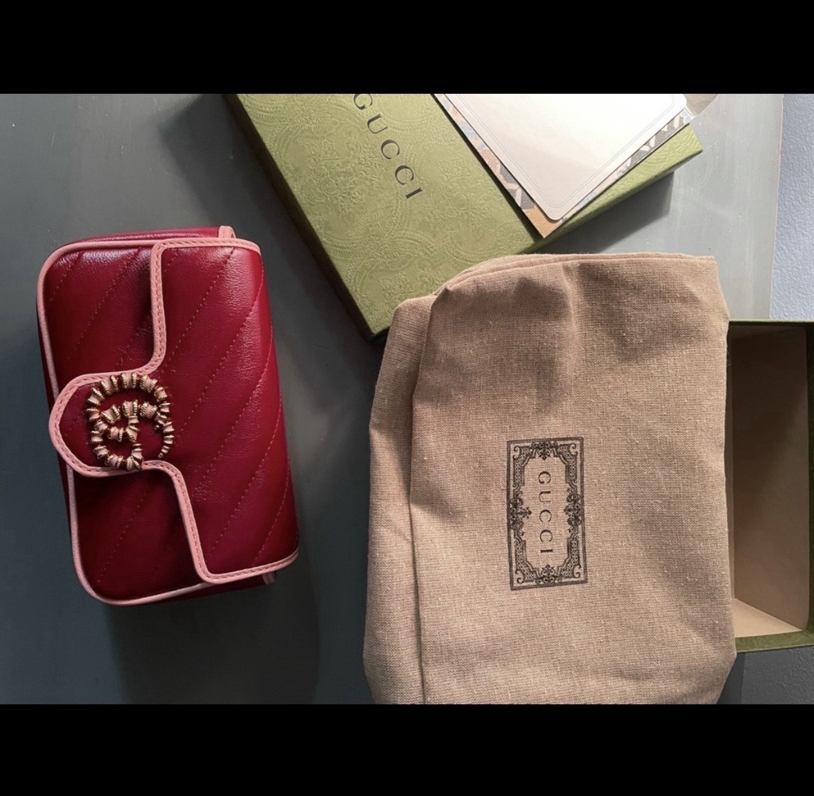 Rare GUCCI Marmont Super Mini Burgundy Red and Pink Orchon Azal Cross Body Purse