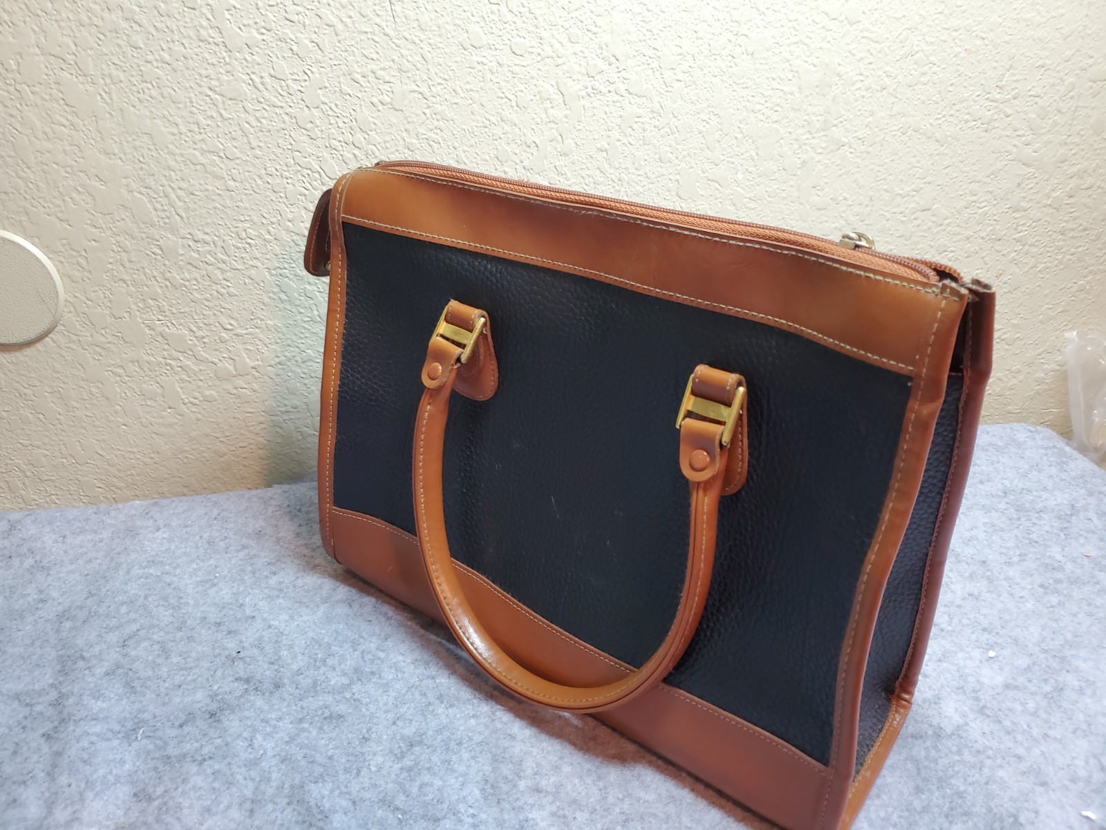 Vintage 90s Guess Black with Brown trim Pebble Leather Double Handle Large Purse