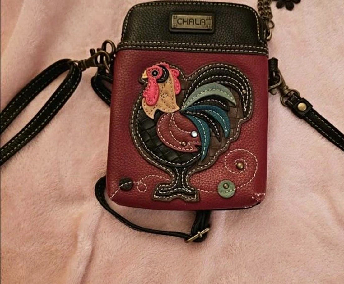 Chala Rooster Applique Small Crossbody Bag Burgundy/Black Zip Closure