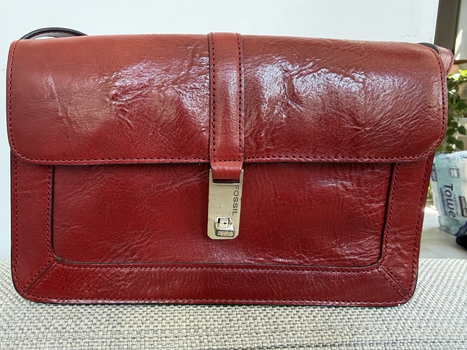 FOSSIL Red Leather Shoulder Purse Handbag 9×6 Inches
