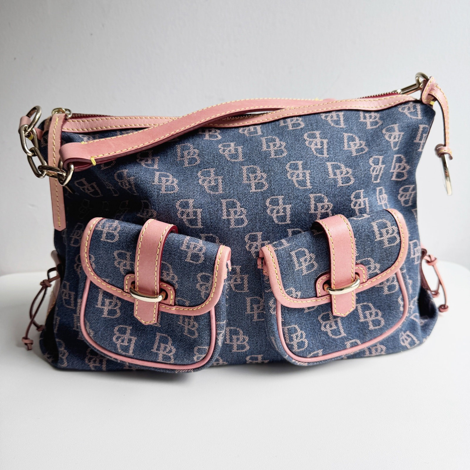 Vintage Y2K Dooney & Bourke Denim Signature Monogram Pink Leather Cargo Satchel