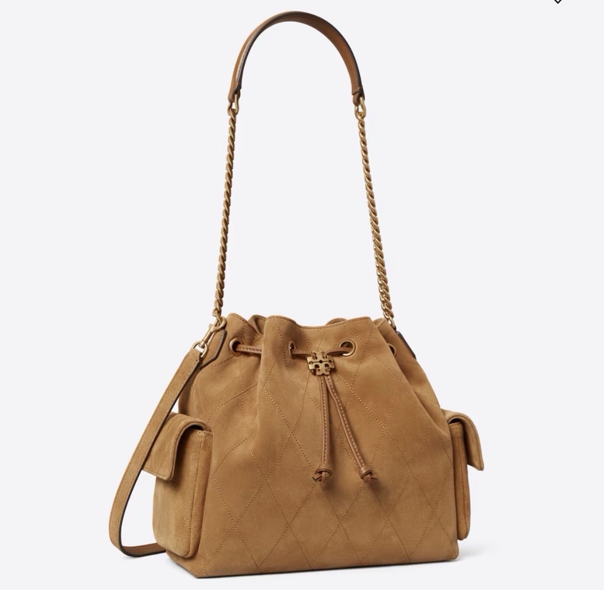 Tory Burch Charlie Quilted Suede Drawstring Shoulder Bag Toffee NWT