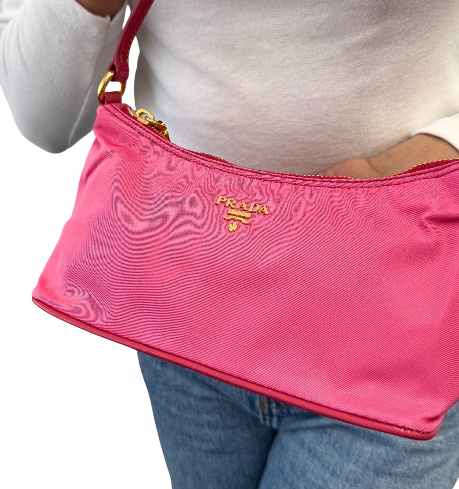 PRADA Vintage Logo Tessuto Nylon Shoulder Mini Bag Pochete Pink Gold