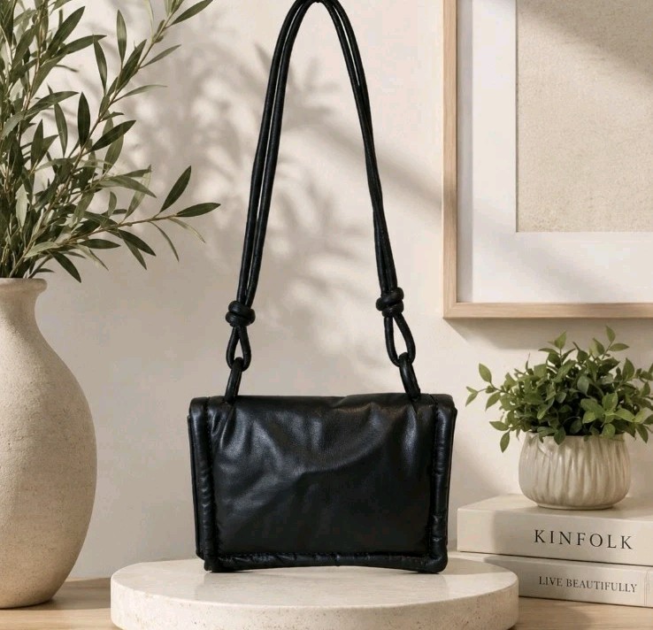 Zara Puffy Flap Handbag Black Minimalist Shoulder Bag Purse Modern City