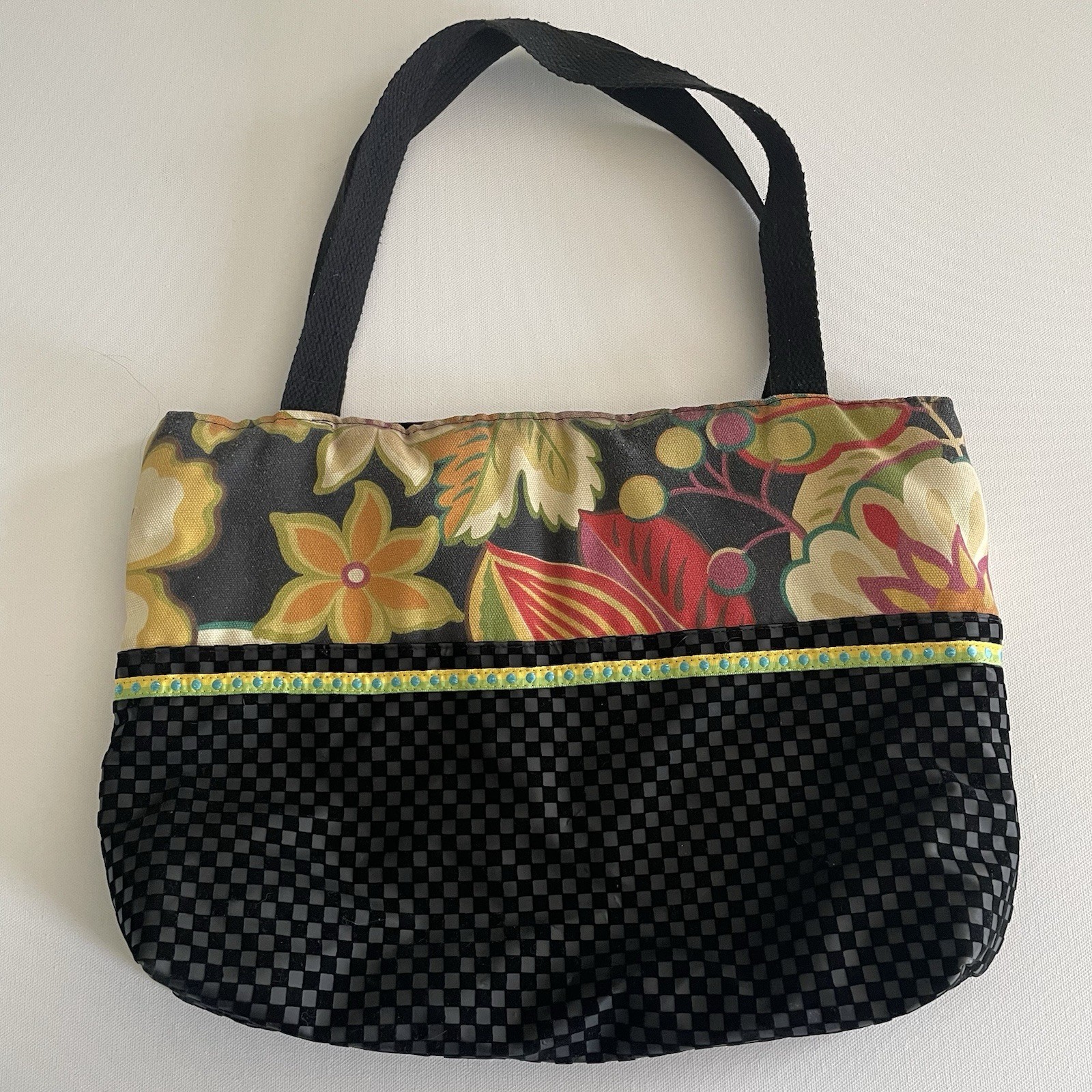 Homemade Purse15x11 Black Velvet/Canvas Floral Tote Bag 6 Inside Pockets