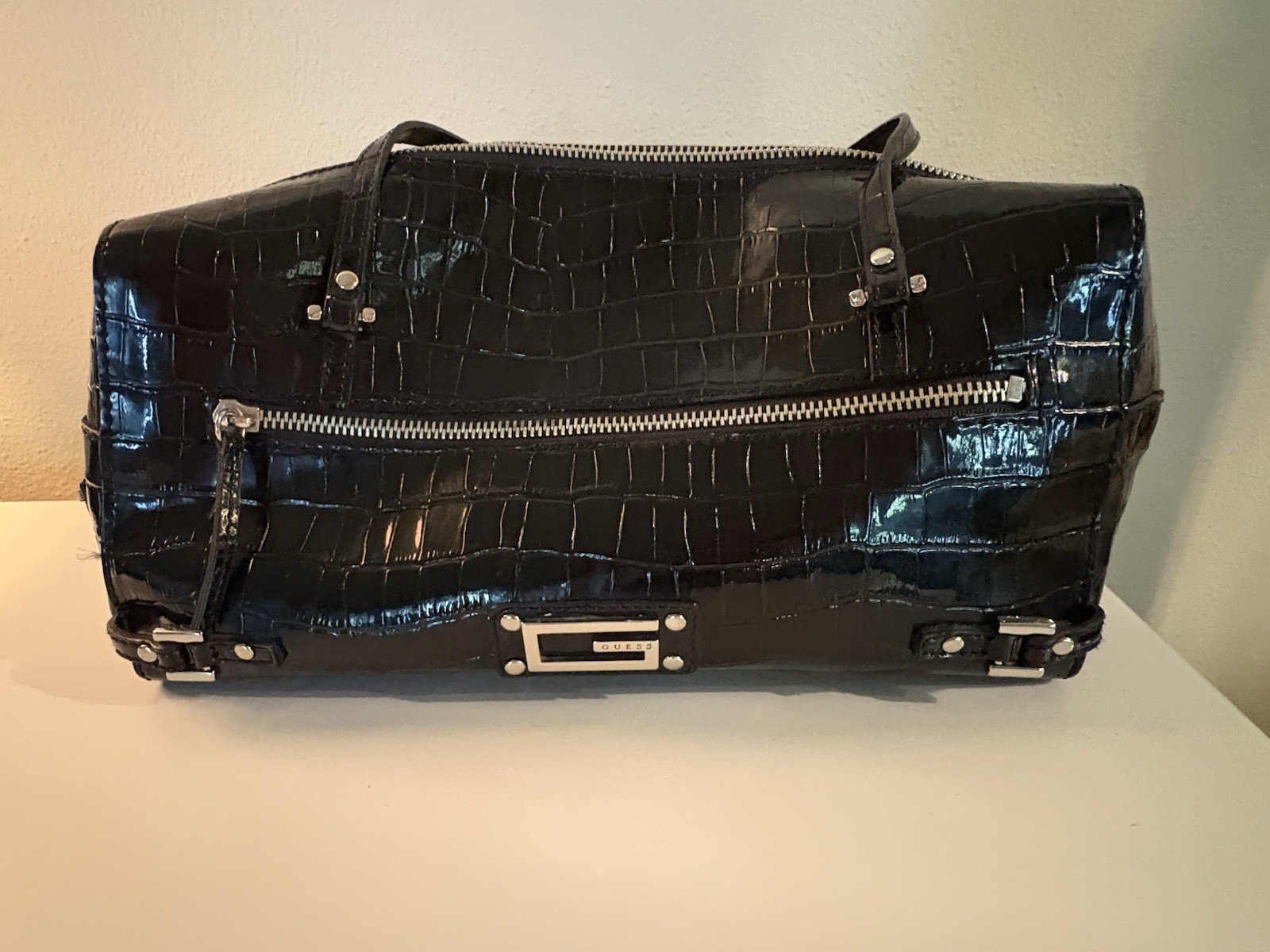 Vtg Guess Black G Logo Leather Shoulder Bag 90s Y2K