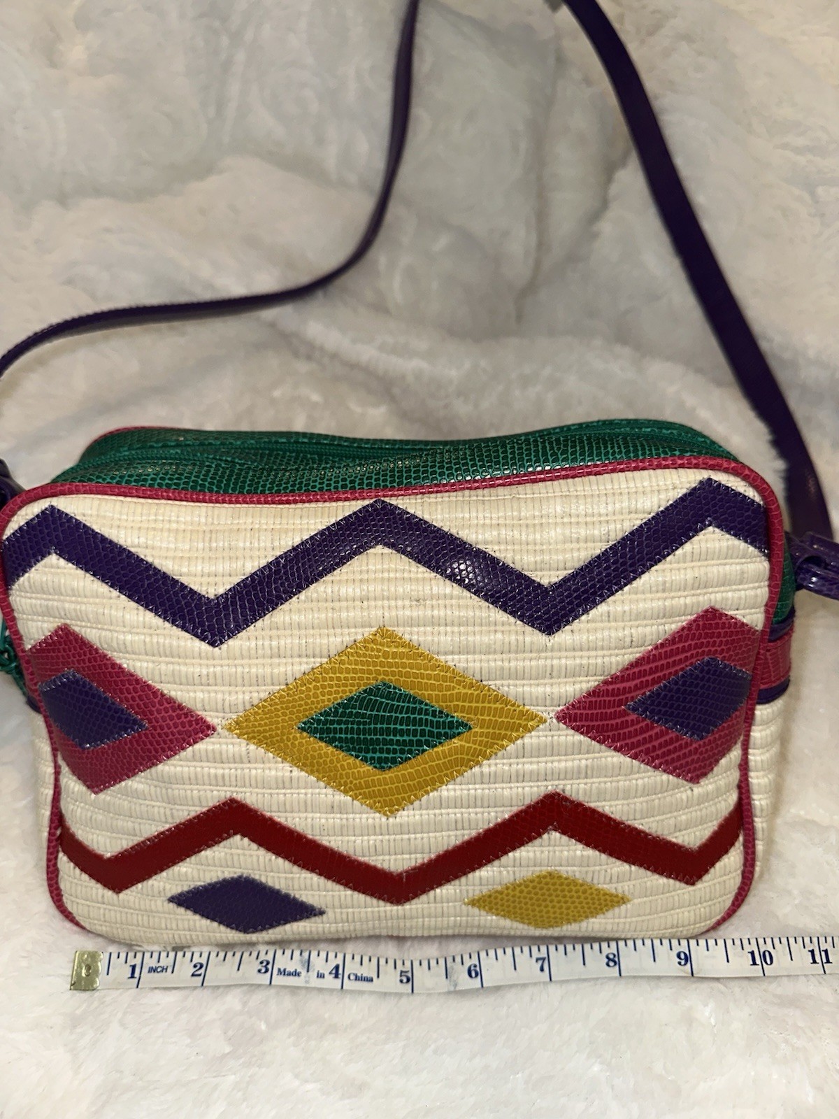Vintage 80s Geometric Crossbody Purse Colorful Patchwork Textured Leather