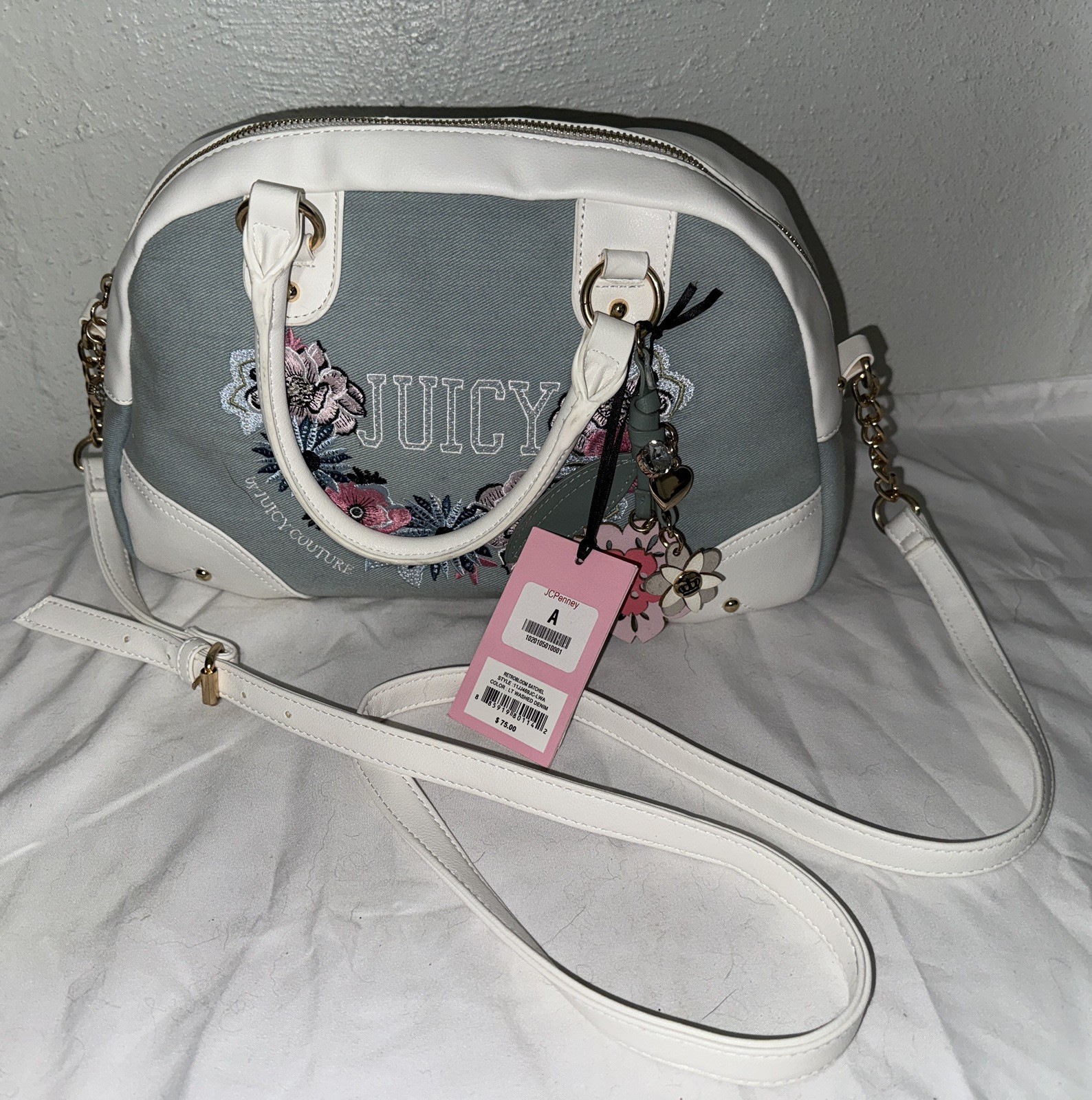 Juicy Couture New Love Chapter Satchel Teal Pink w/ flower Charms Strap