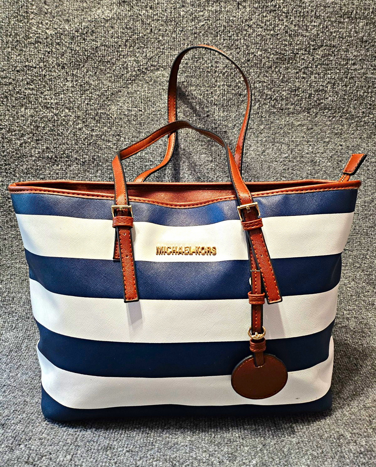 Michael Kors Jet Set Travel Striped Saffiano Leather Tote Bag Navy Blue & White