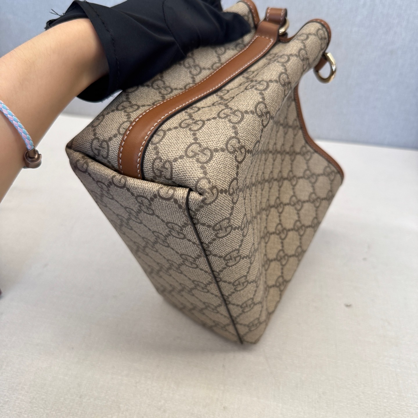 Gucci GG Emblem Small Beige Brown GG Canvas Top Handle Crossbody Bag US Ship