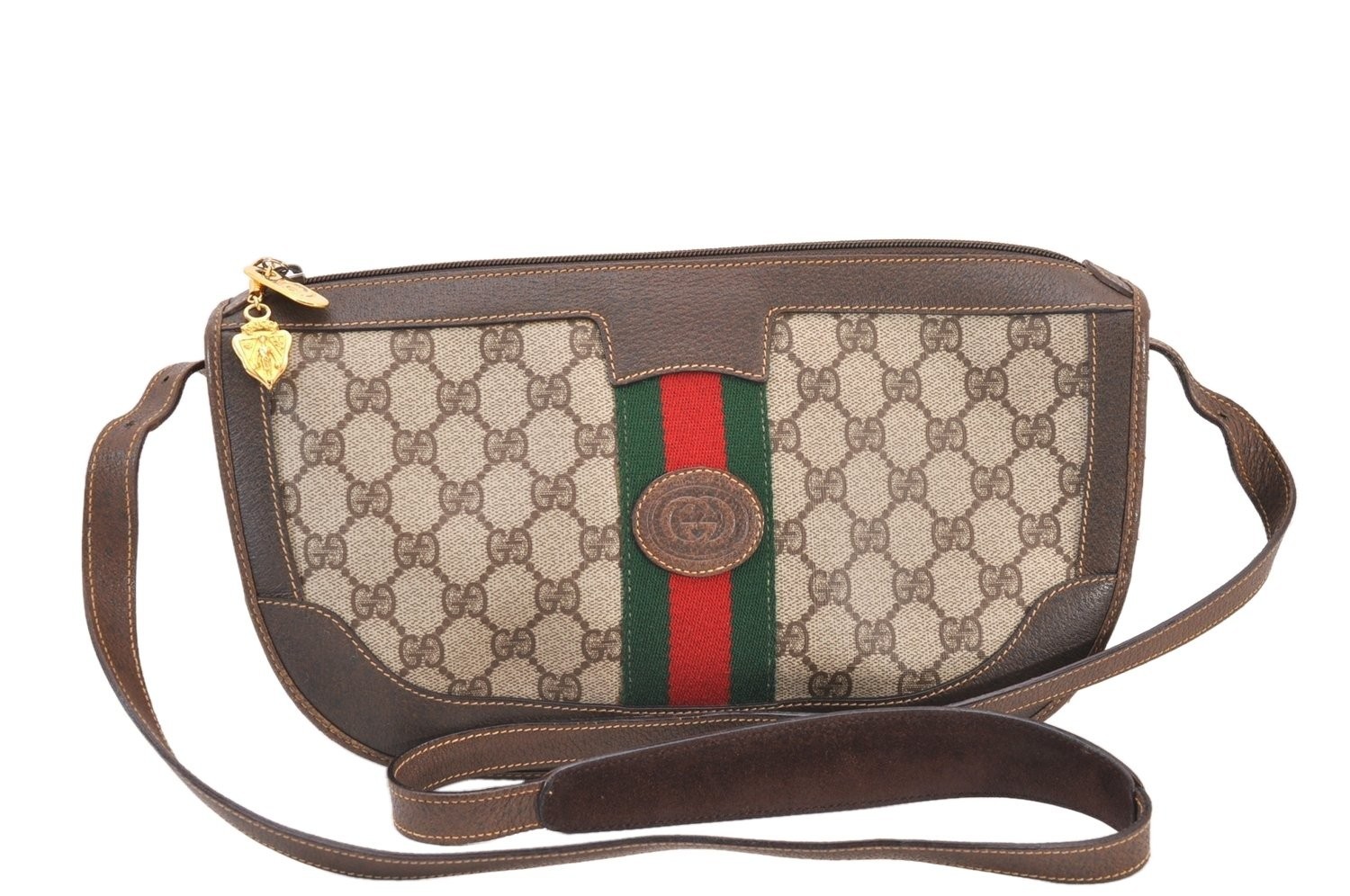 Authentic GUCCI Web Sherry Line Shoulder Cross Bag GG PVC Leather Brown 138AB