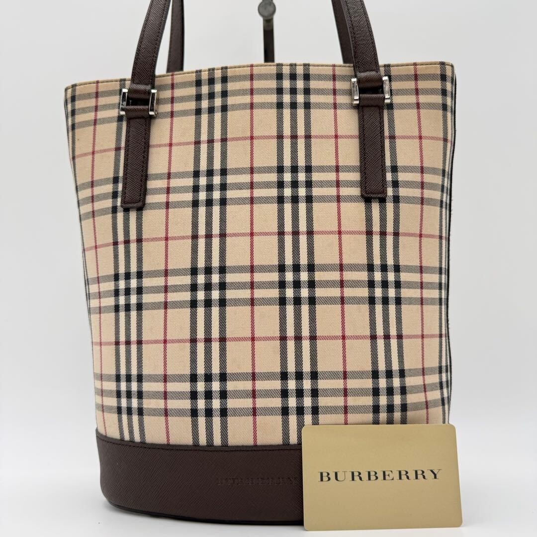 Burberry Nova Check Saffiano Canvas Brown Bucket Tote Bag Shoulder Auth