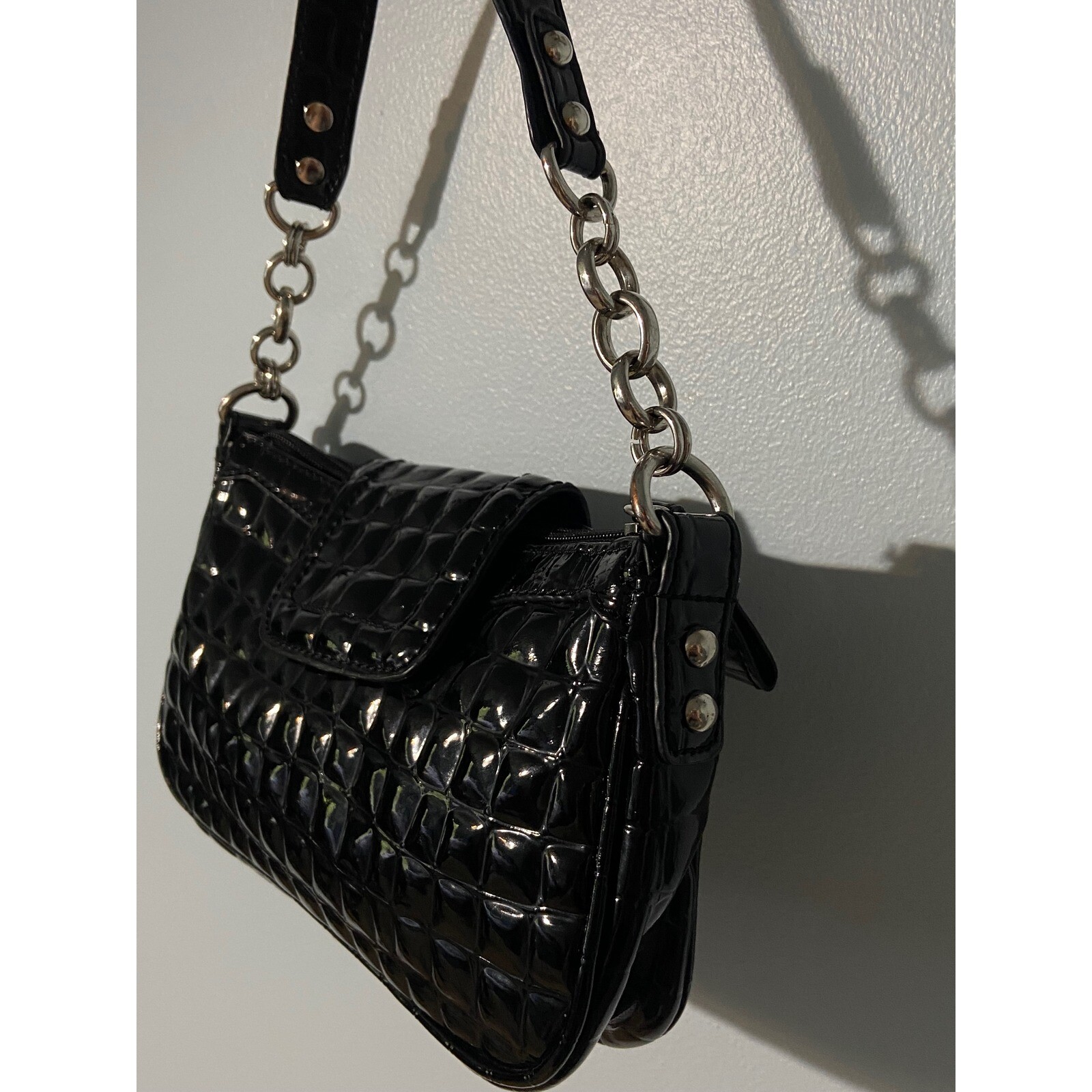 Y2K Guess Black Mini Shoulder Bag VGUC Silver Hrdwr Patent Lthr Croc Emboss VGUC