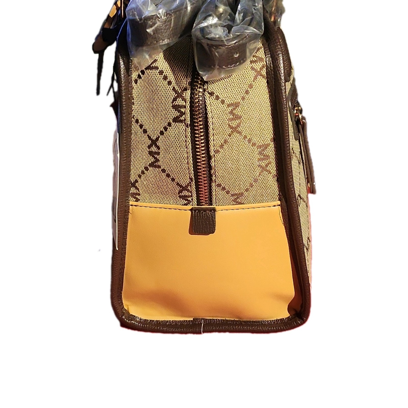 MX STUDIO Monogram Satchel Top Handle Bag Beige Brown Yellow Adjustable Strap
