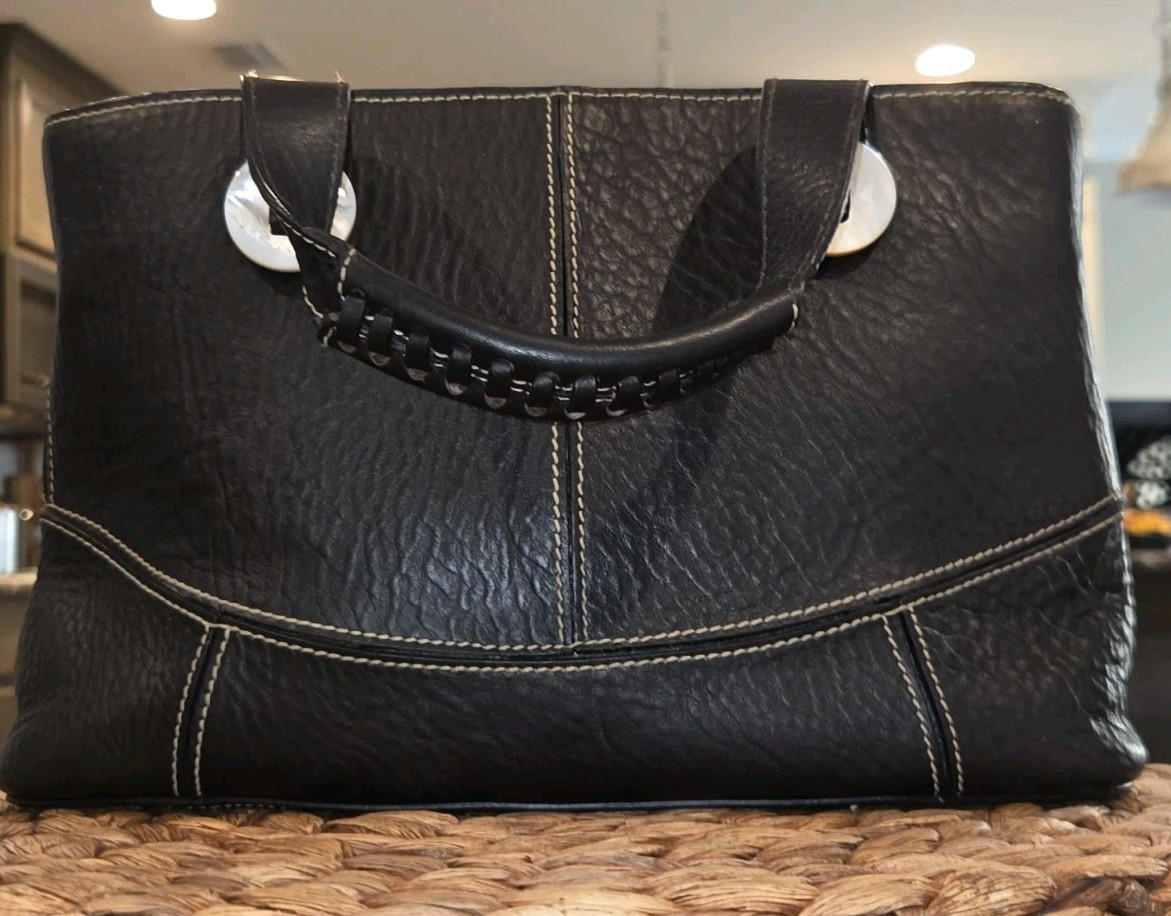 Tommy Bahama Black Pebbled Leather Satchel Bag Mother Of Pearl Shell Hardware