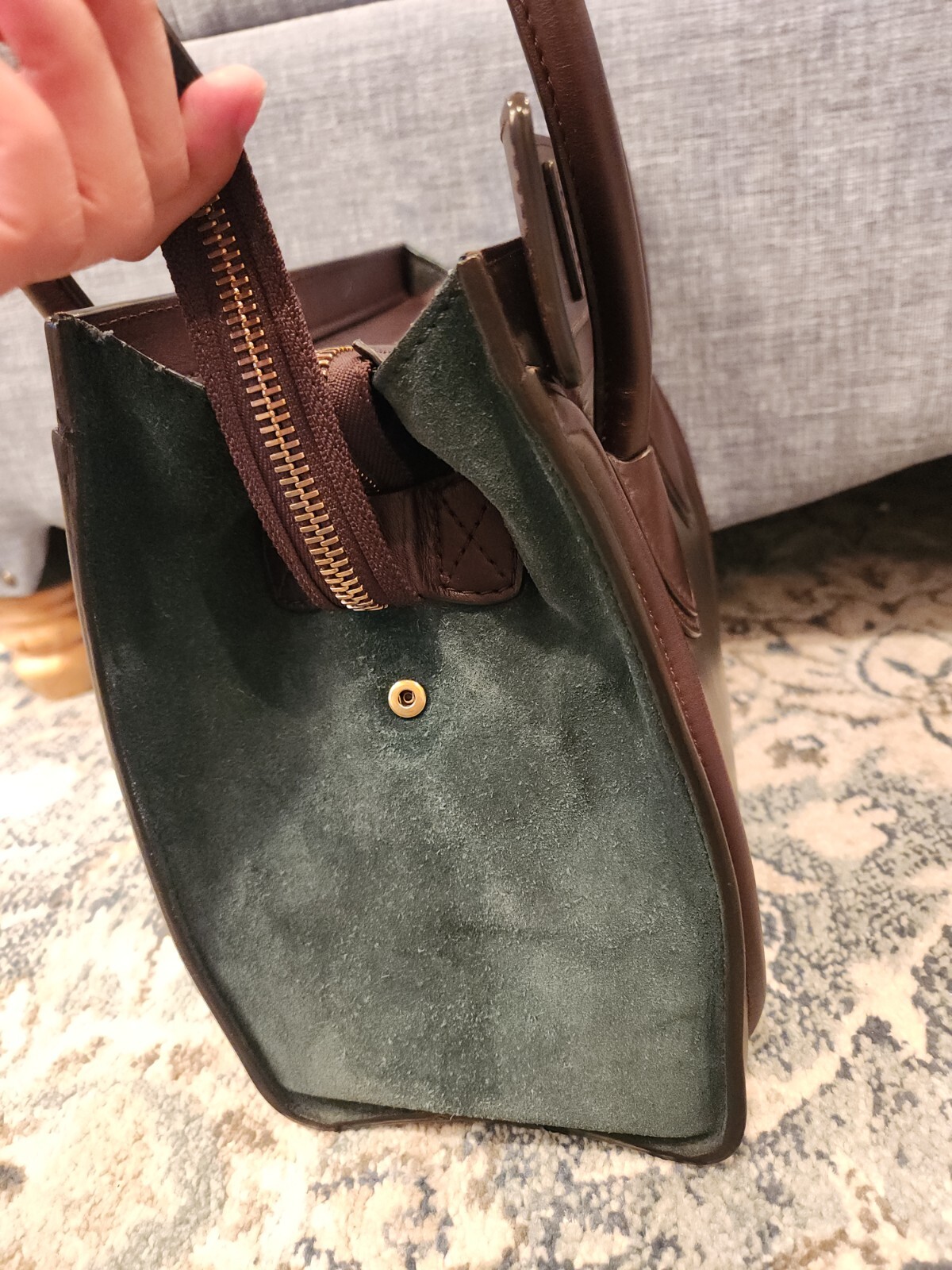 Celine Luggage Mini Shopper Handbag Forest Green Brown Drummed Calfskin Suede