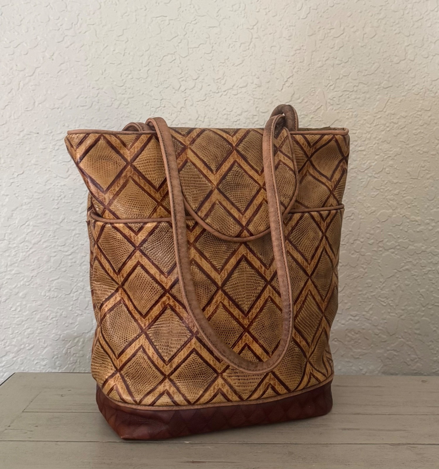 Artisan Hand-crafted Leather Tote Silk Lining – Lapis Hand Beaded – Shoulder Bag