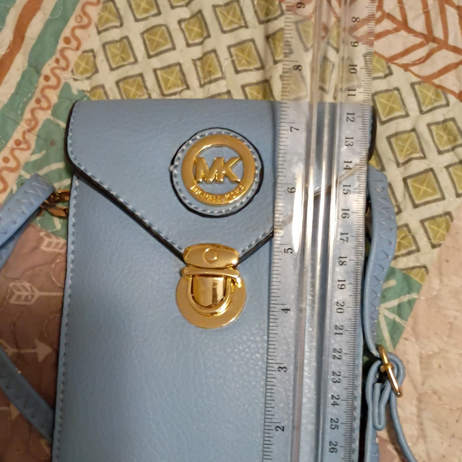 Michael Kors Blue Pebbled Crossbody Bag Gold Hardware Logo Buckle Closure Strap