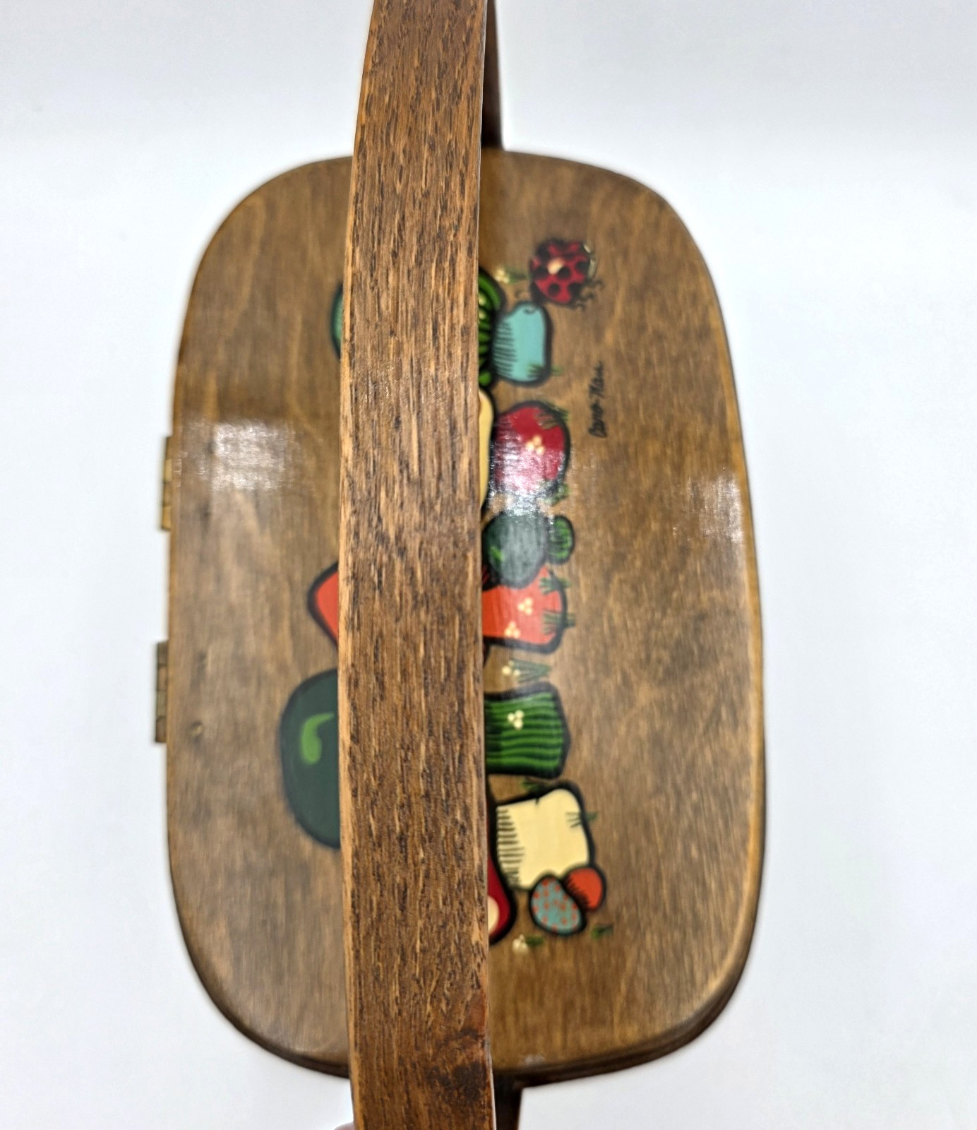 Basket Purse Caro Nan Hand Painted Mushroom Ladybug Wood VTG Stix Baer Signed