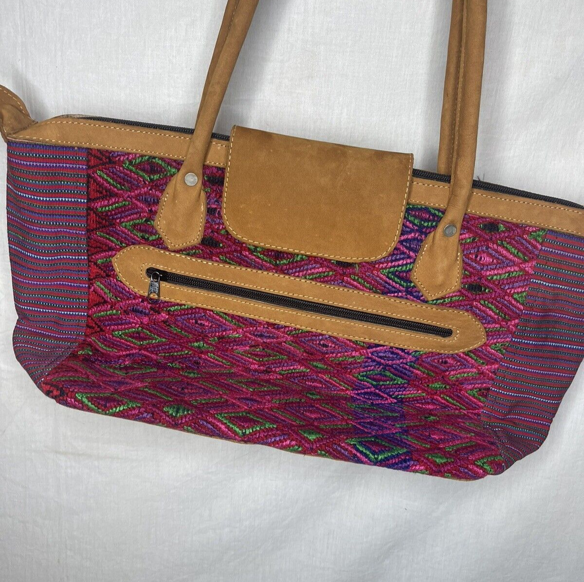 Aztec Suede Leather Tapestry Tote Handbag 45x30cm Pink Brown Diamond Design Zip