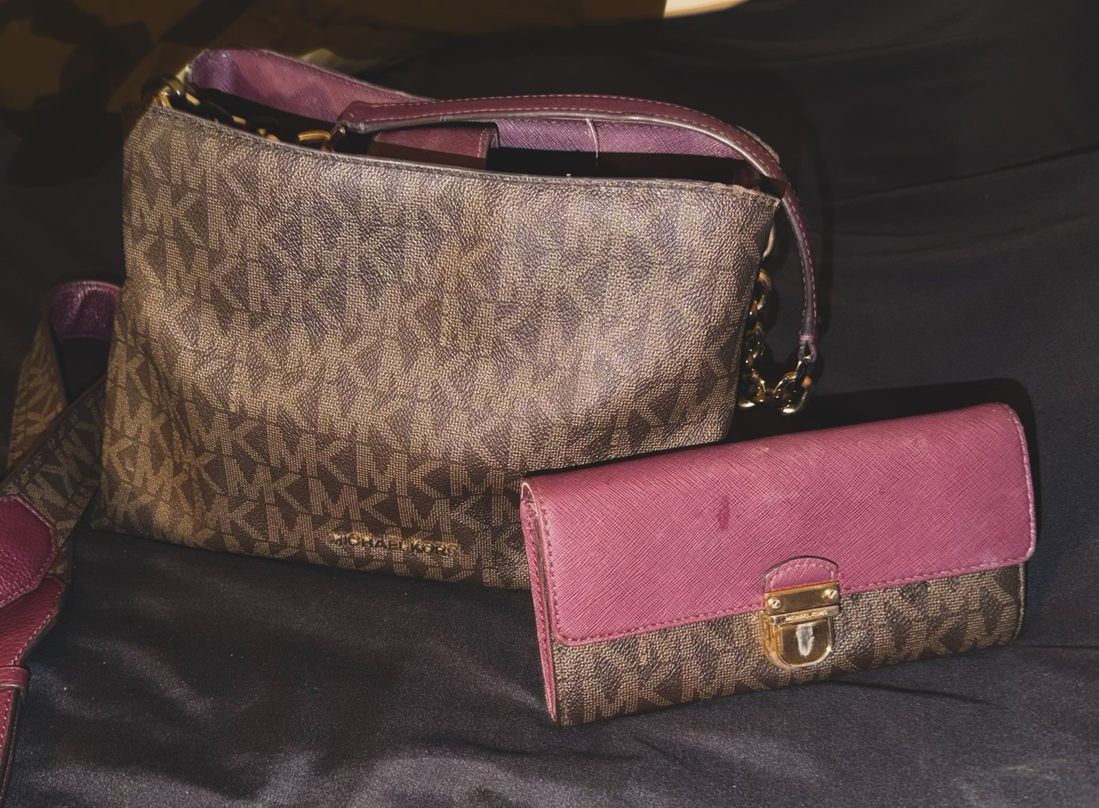 Michael Kors Brown/Plum Signature Portia Shoulder Bag Gold Hardware Zip + Wallet