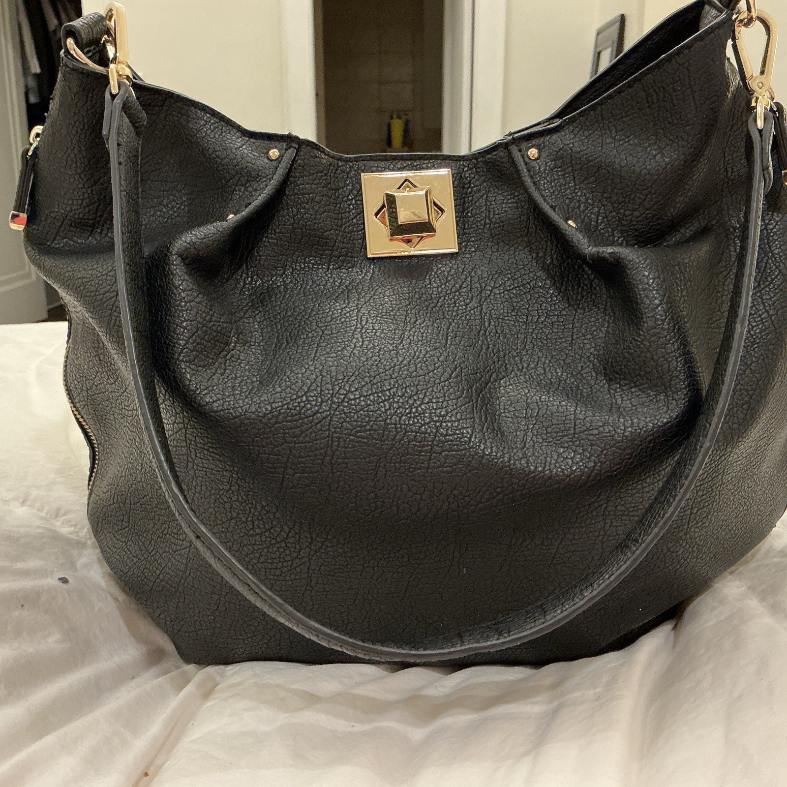 Big Buddha Lamont Black Vegan Leather Hobo Shoulder Bag Gold Clasp NWOT Large