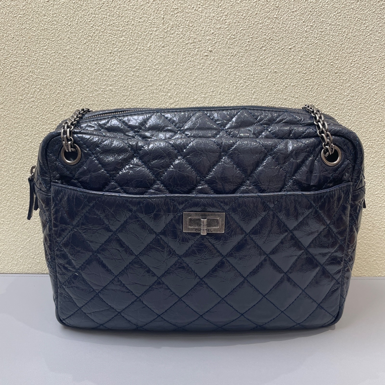 Chanel 2.55 Blue Quilted Leather Shoulder Bag with Silver-Tone Hardware.