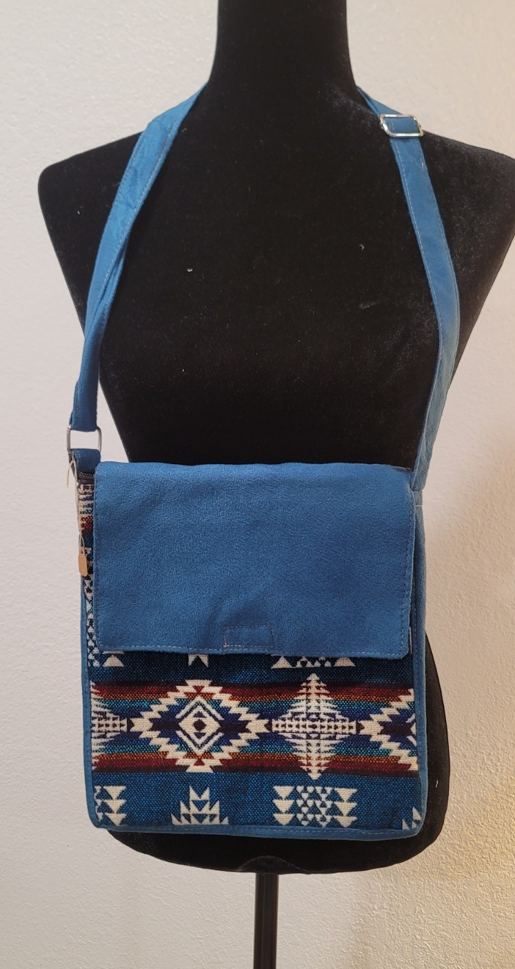 Blue Geometric Tribal Crossbody Bag Magnetic Flap Inner Pockets Silver Hardware