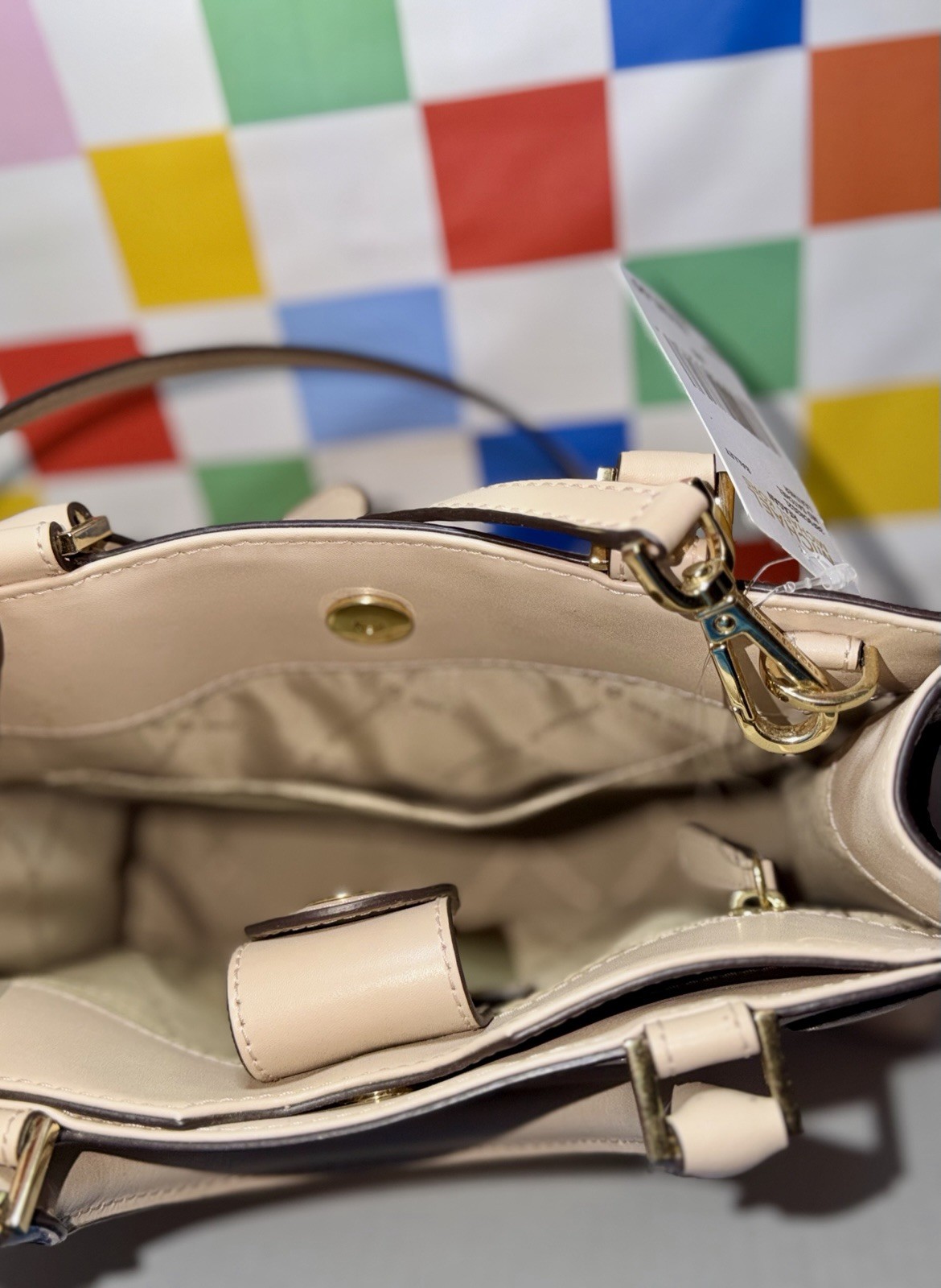 Michael Kors Medium Beige Satchel Top Handle, Magnetic Closure, Detachable Strap