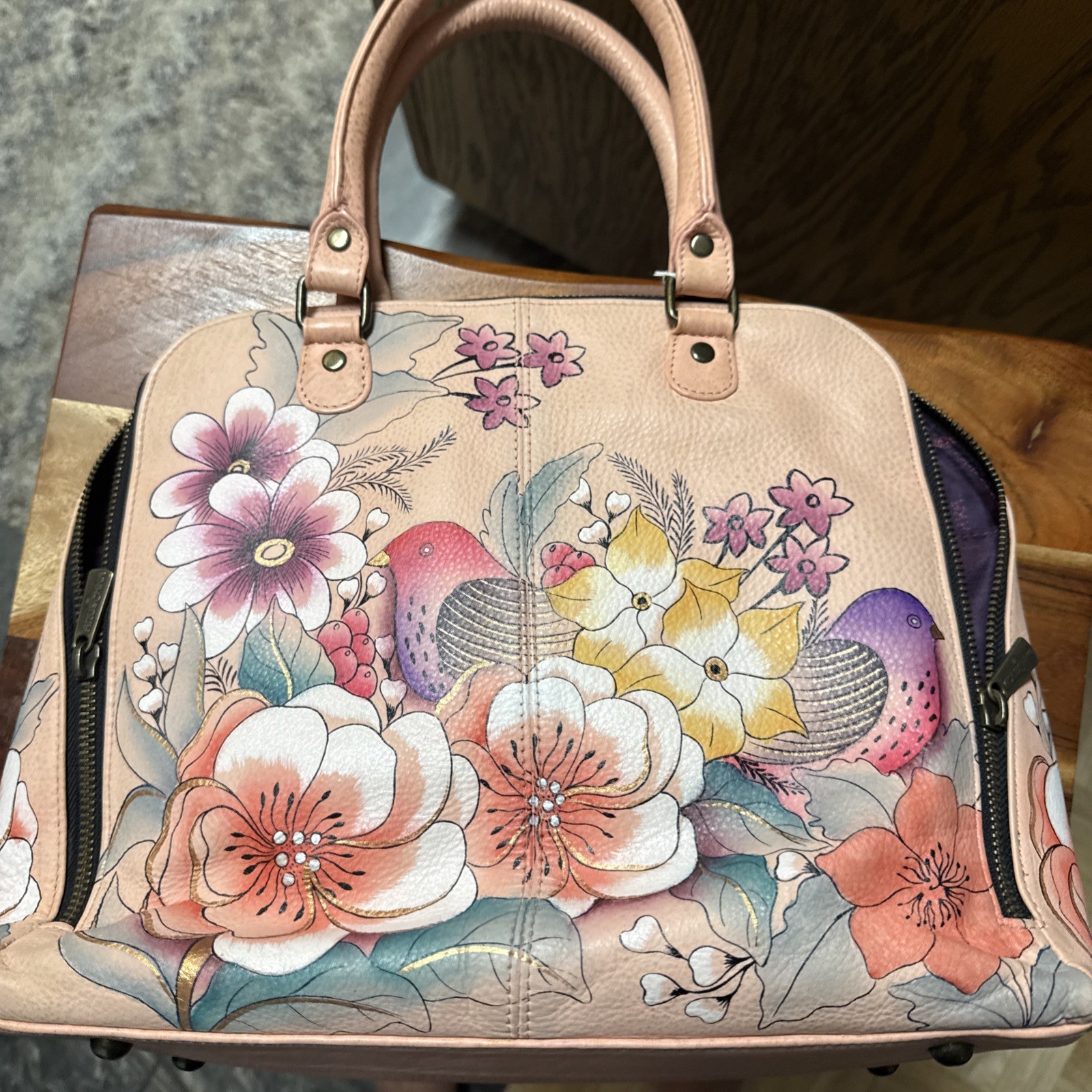 Anna Anuschka Crossbody Purse Bag Pink Painted Peony Gardens Leather Vtg New