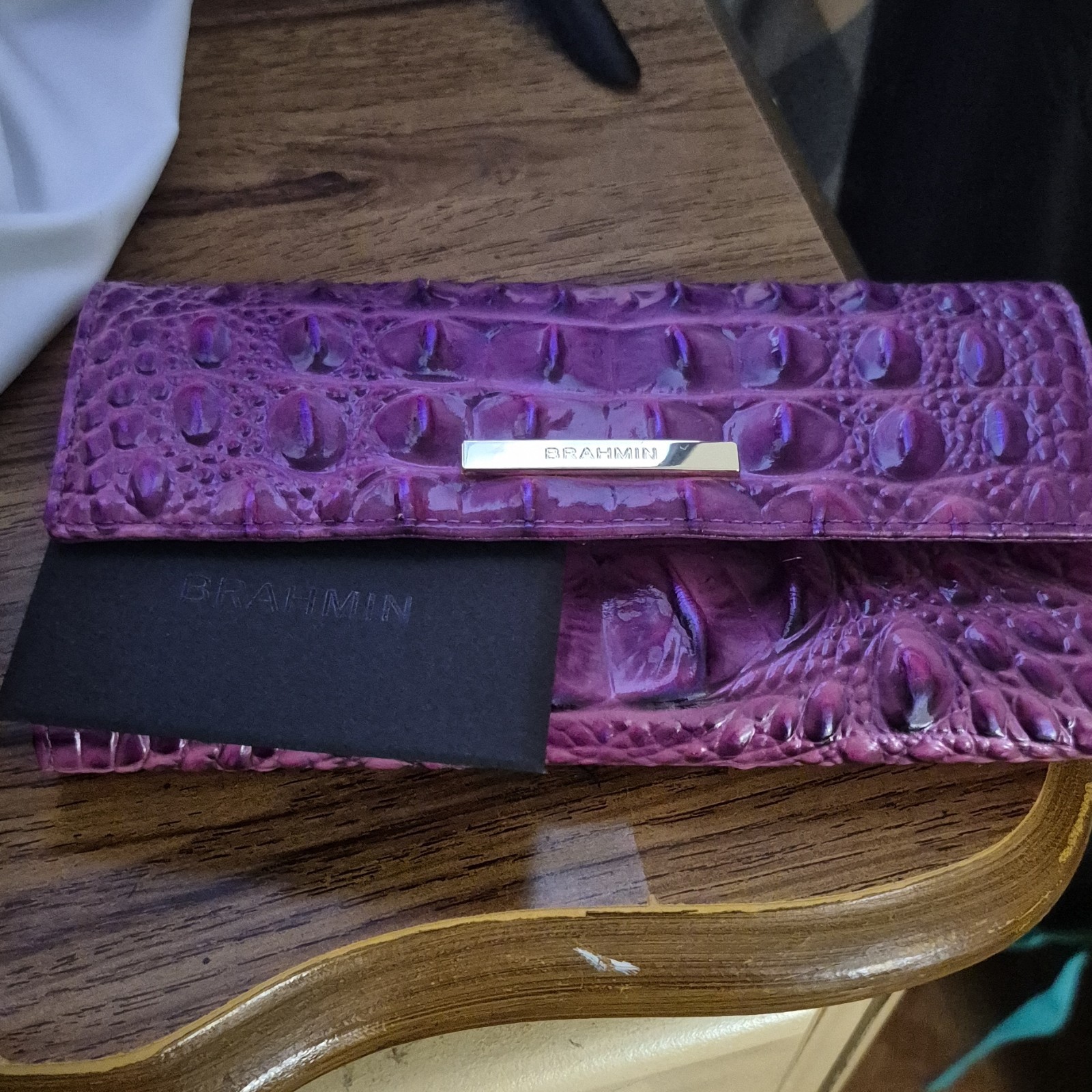Brahmin Purple Crocodile-Embossed Satchel w/ Strap + Wallet